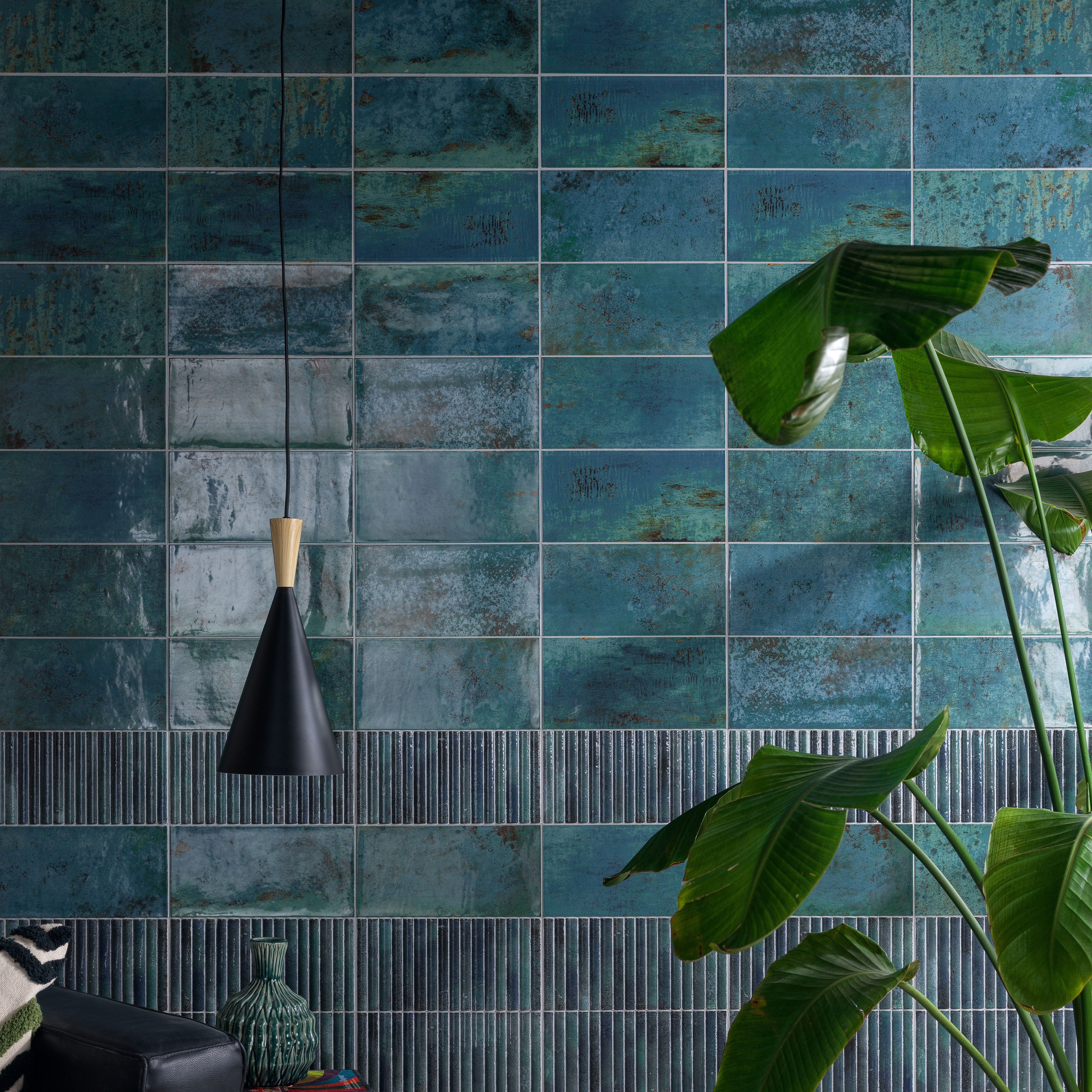 Ca’Pietra Digbeth Emerald Green & Blue Gloss Brick Metallic effect ...