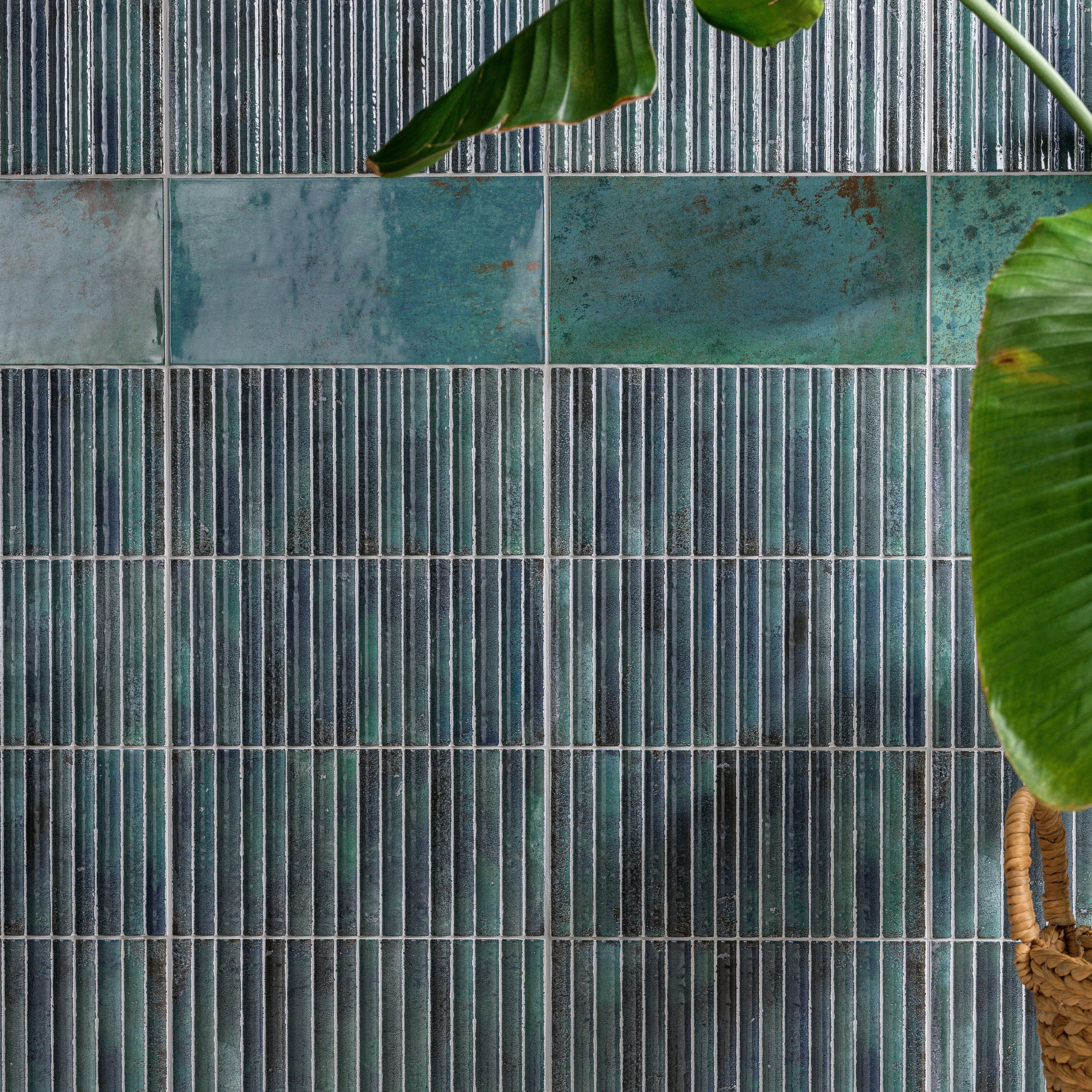 Ca’Pietra Digbeth Emerald Green & Blue Gloss Furrow Metallic effect Embossed Ceramic Indoor Wall tile, Pack of 20, (L)300mm (W)150mm