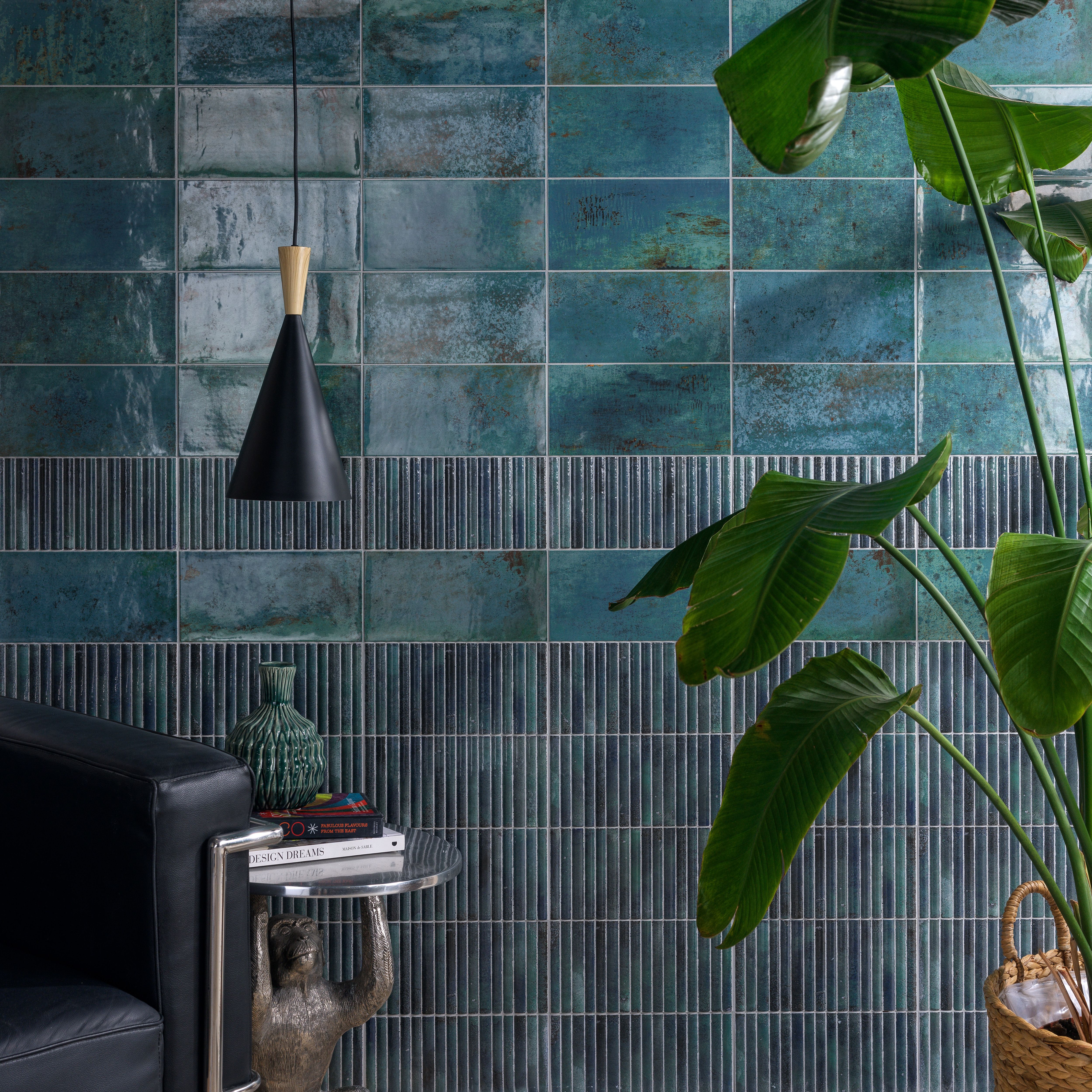 Ca’Pietra Digbeth Emerald Green & Blue Gloss Furrow Metallic effect Embossed Ceramic Indoor Wall tile, Pack of 20, (L)300mm (W)150mm