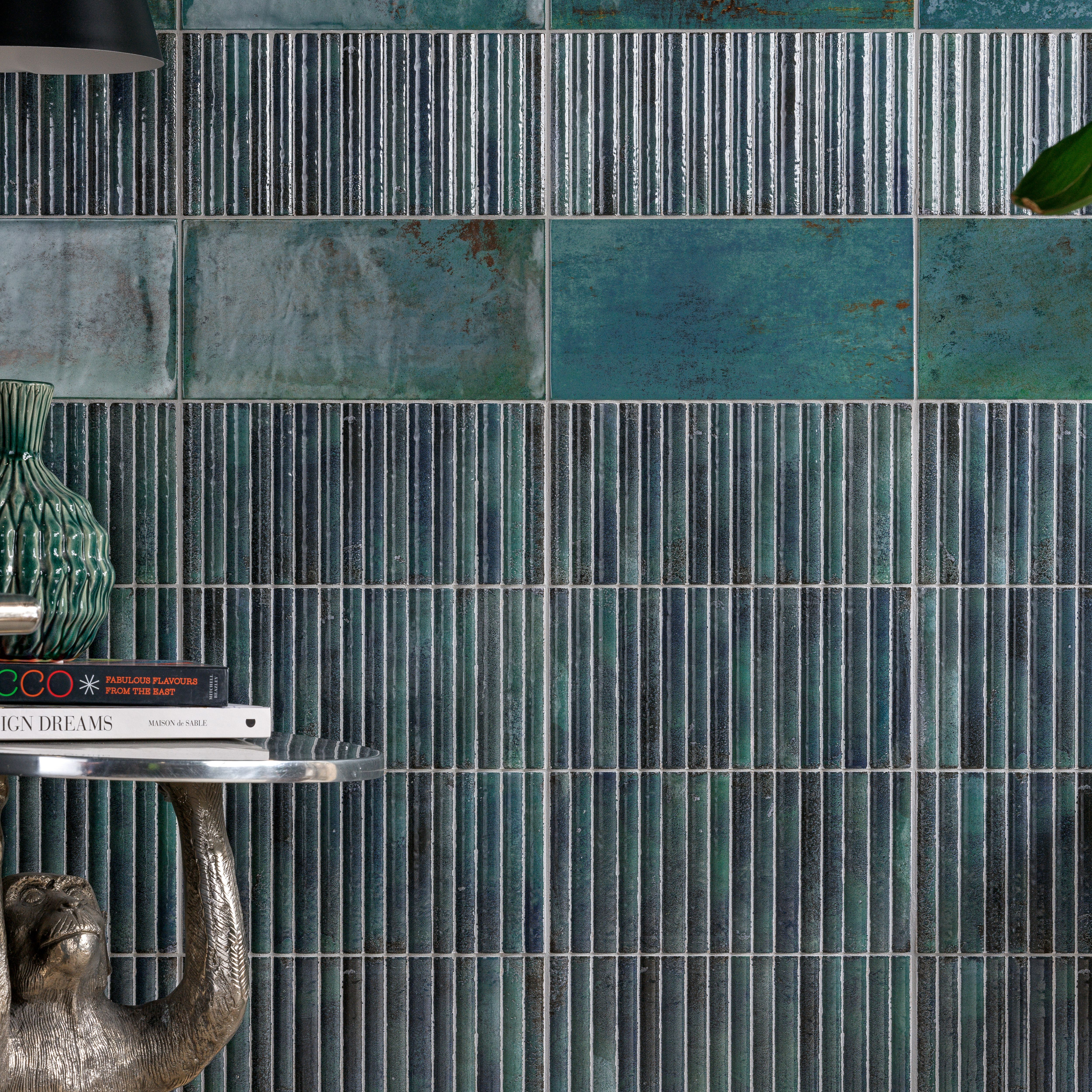Ca’Pietra Digbeth Emerald Green & Blue Gloss Furrow Metallic effect Embossed Ceramic Indoor Wall tile, Pack of 20, (L)300mm (W)150mm