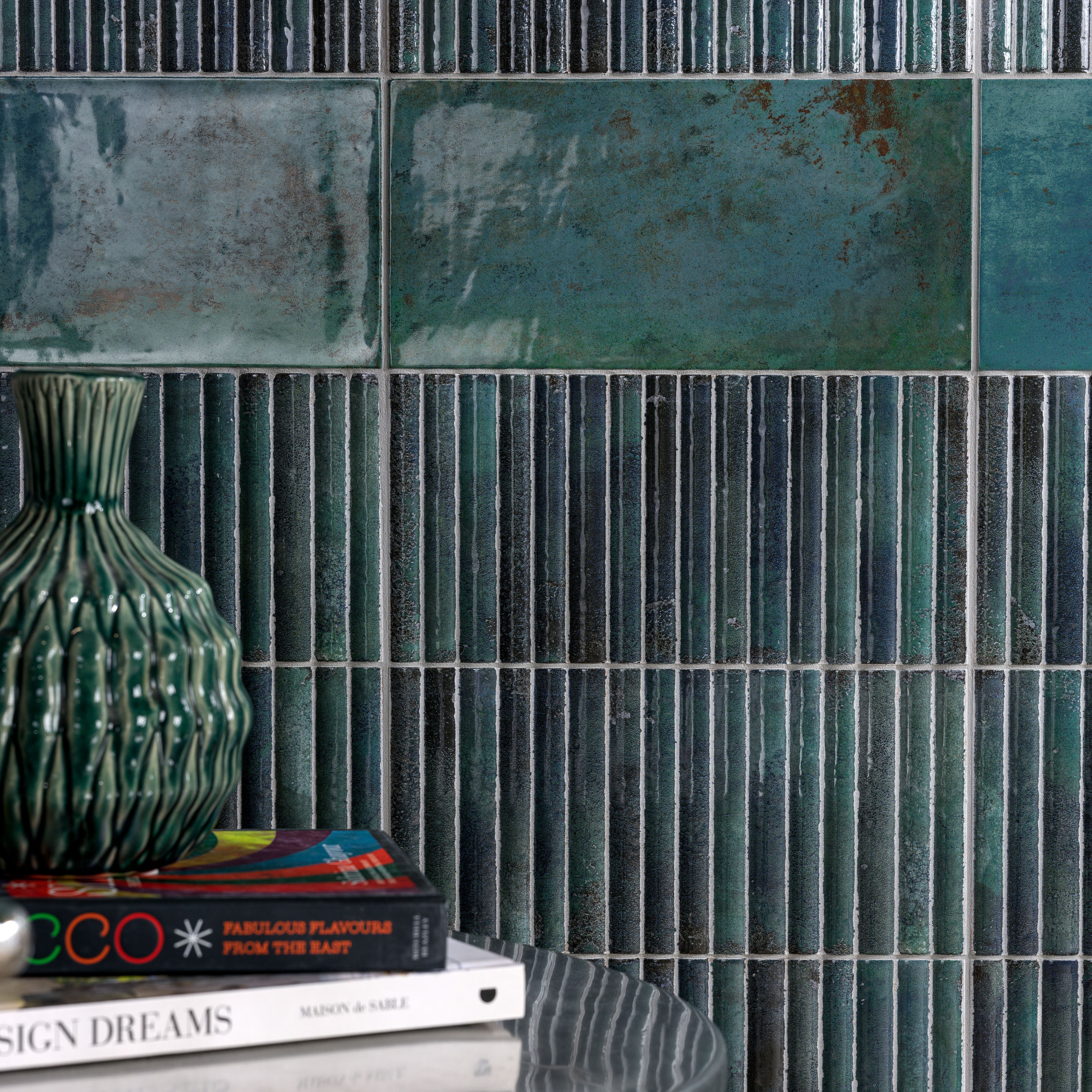 Ca’Pietra Digbeth Emerald Green & Blue Gloss Furrow Metallic effect Embossed Ceramic Indoor Wall tile, Pack of 20, (L)300mm (W)150mm
