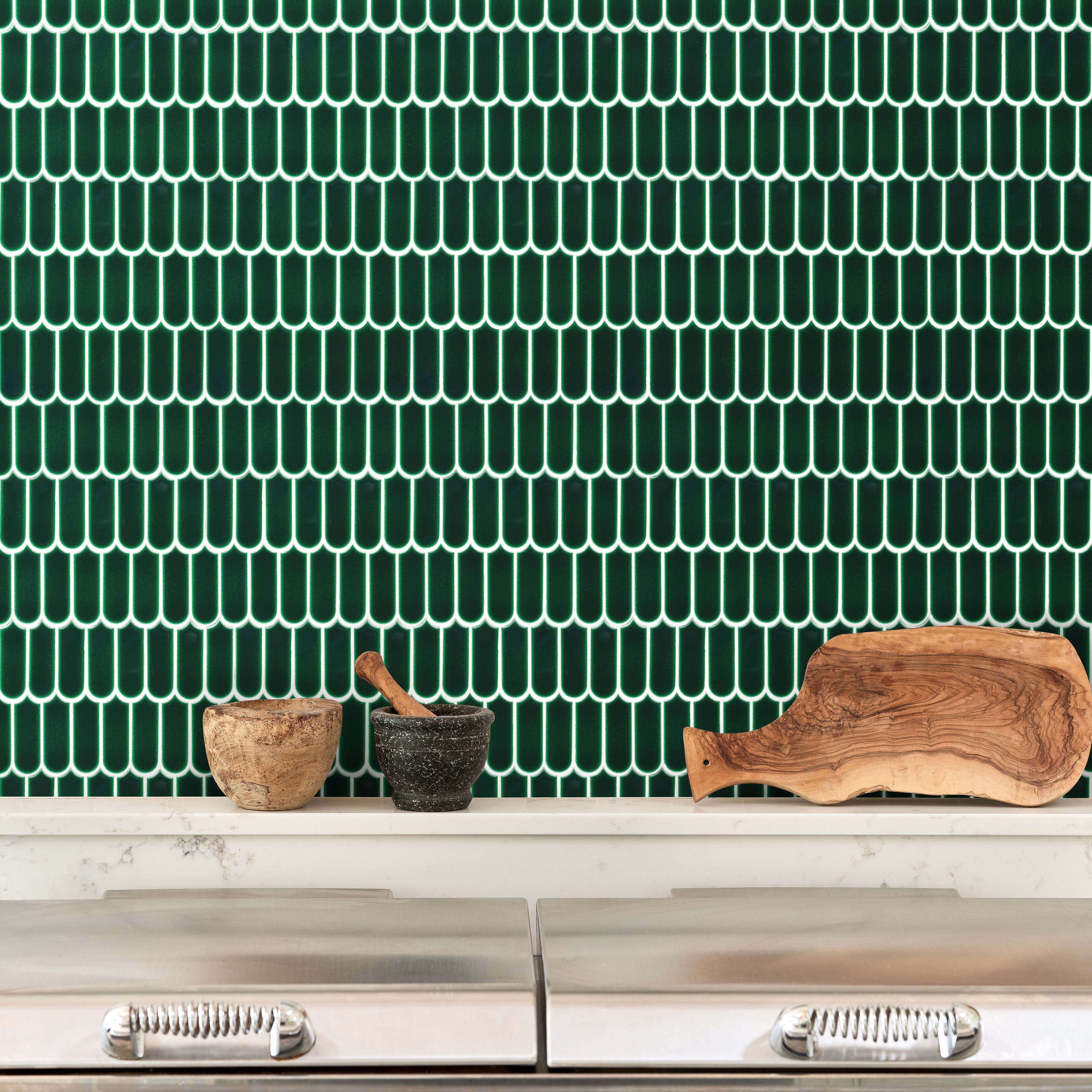 Ca’Pietra Portico Pine Green Gloss Feather Metallic effect Embossed Porcelain Indoor Wall tile, (L)296mm (W)280mm