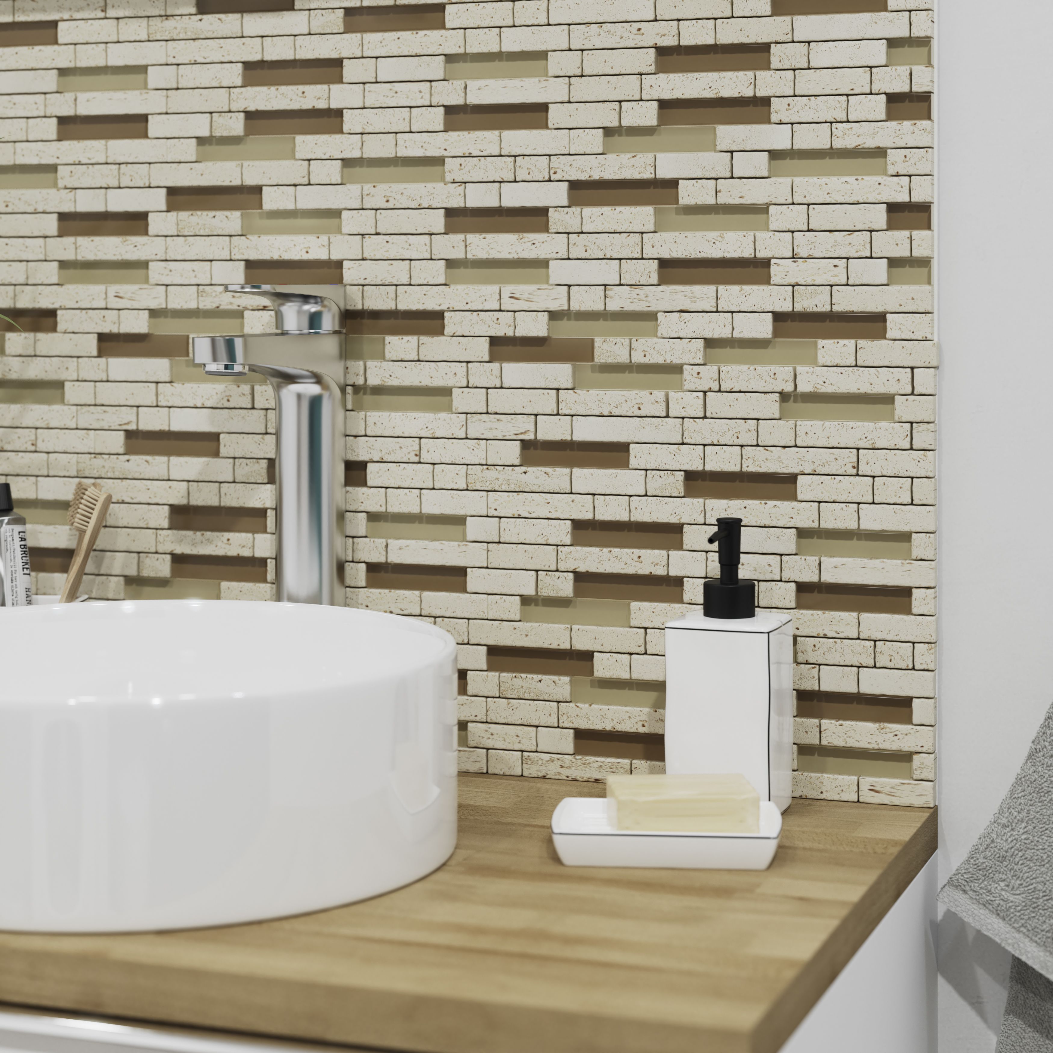 Cagliari Beige & brown Gloss Stone effect Glass & natural stone Mosaic tile - 5