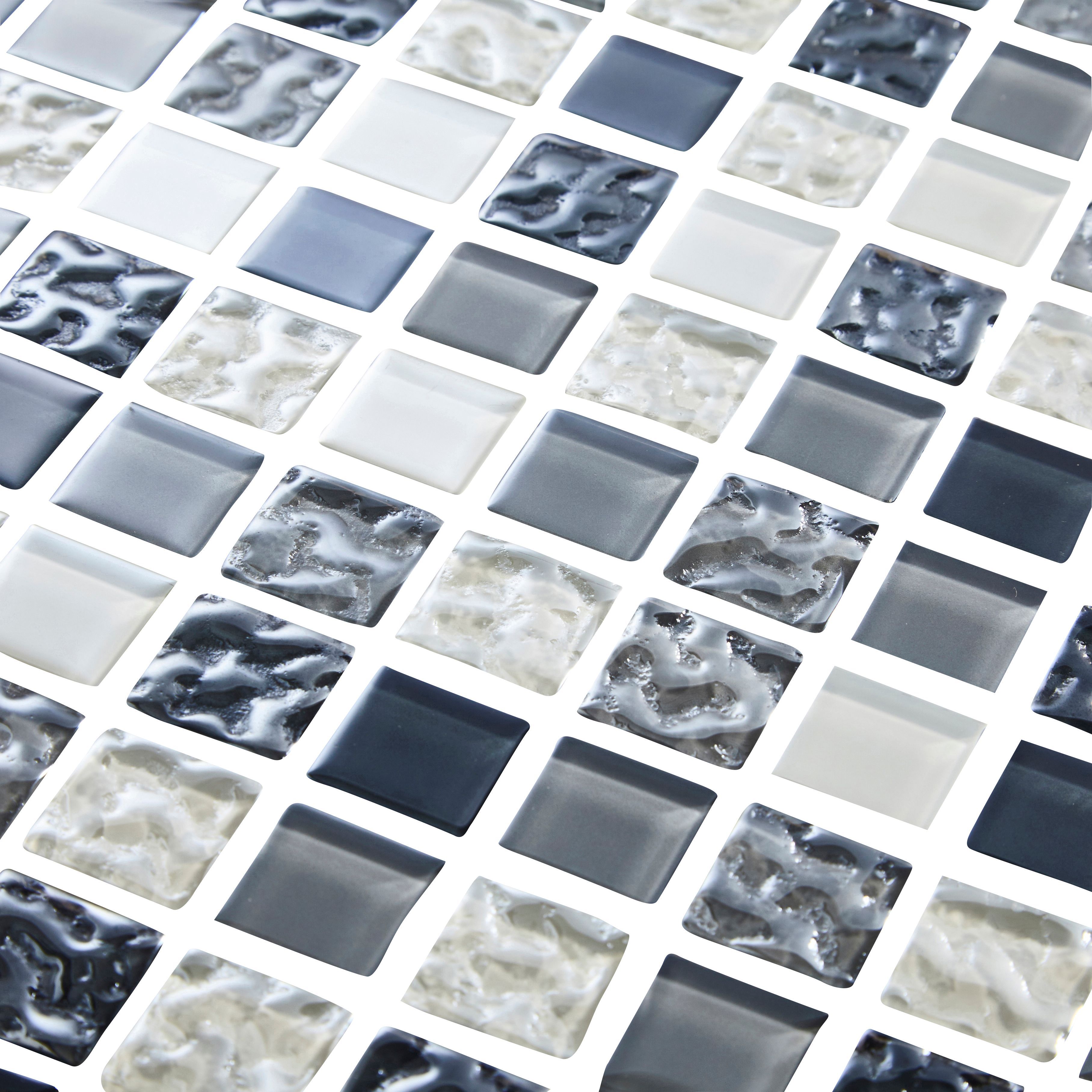 Calabria Grey & white Gloss Glass effect Glass Mosaic tile, (L)300mm (W)300mm