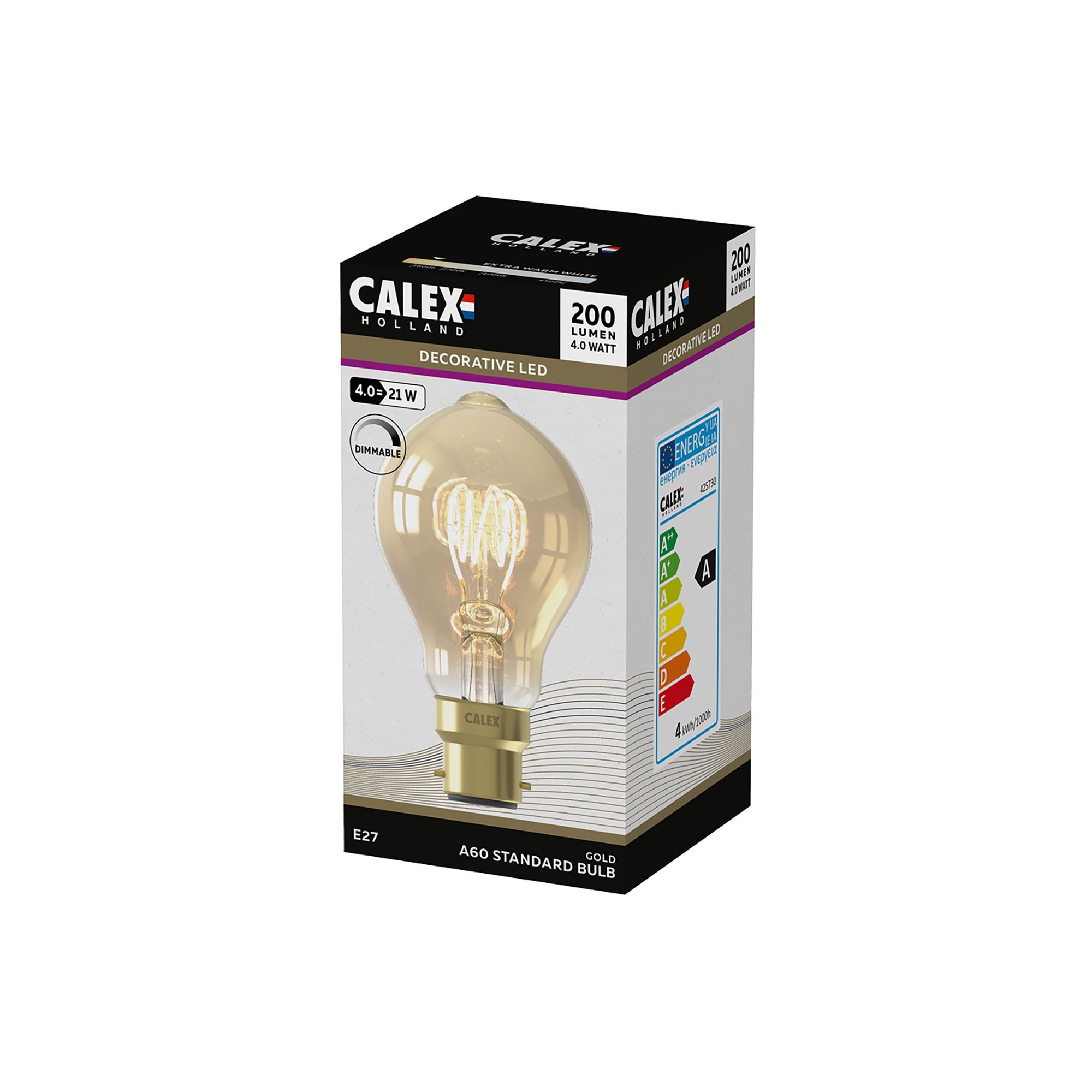 CALEX Gold flex B22 4W 200lm 360° Amber A60 Extra warm white LED Dimmable Filament Light bulb
