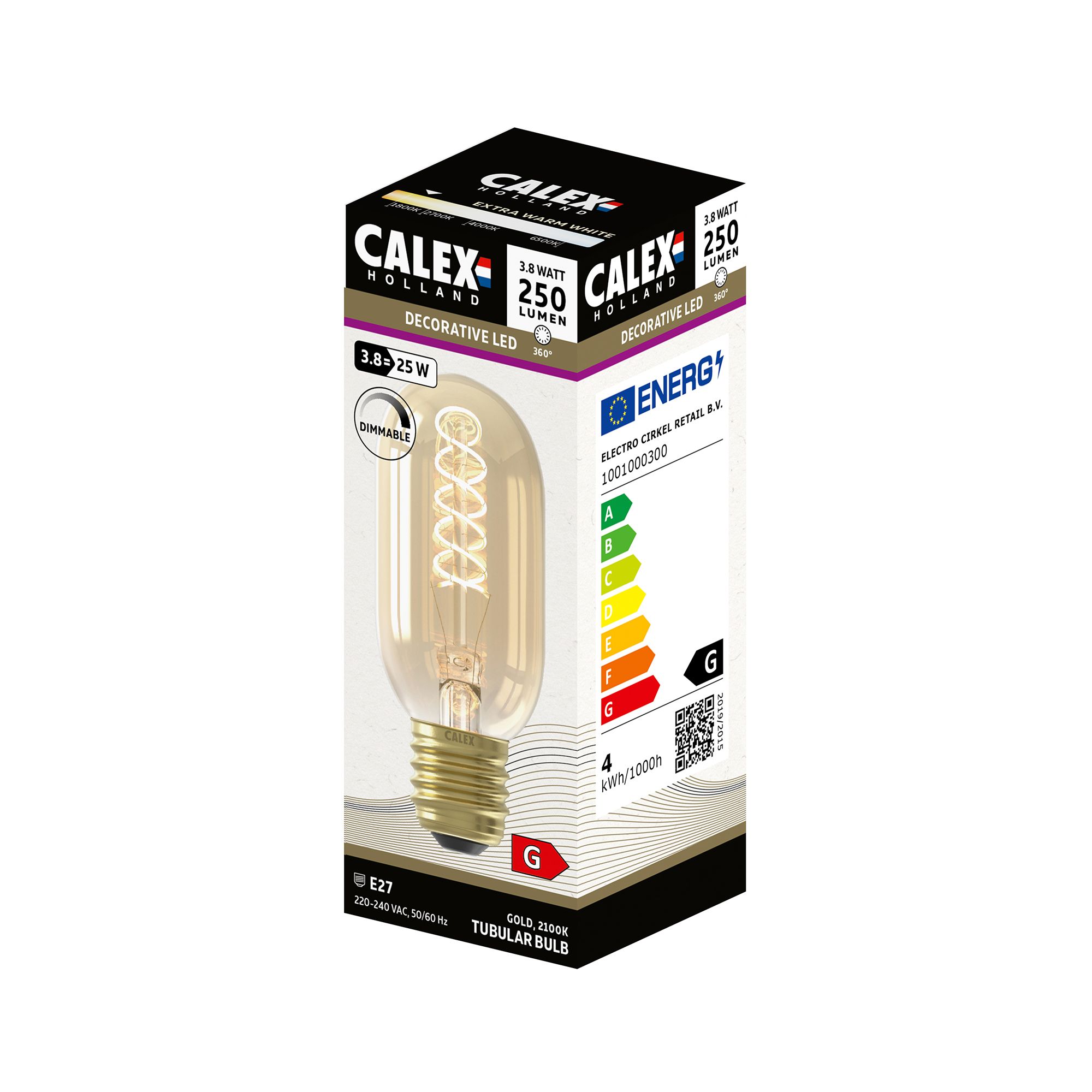 CALEX Gold Flex E27 4W 200lm 360° Amber Tube Extra warm white LED Dimmable Filament Light bulb