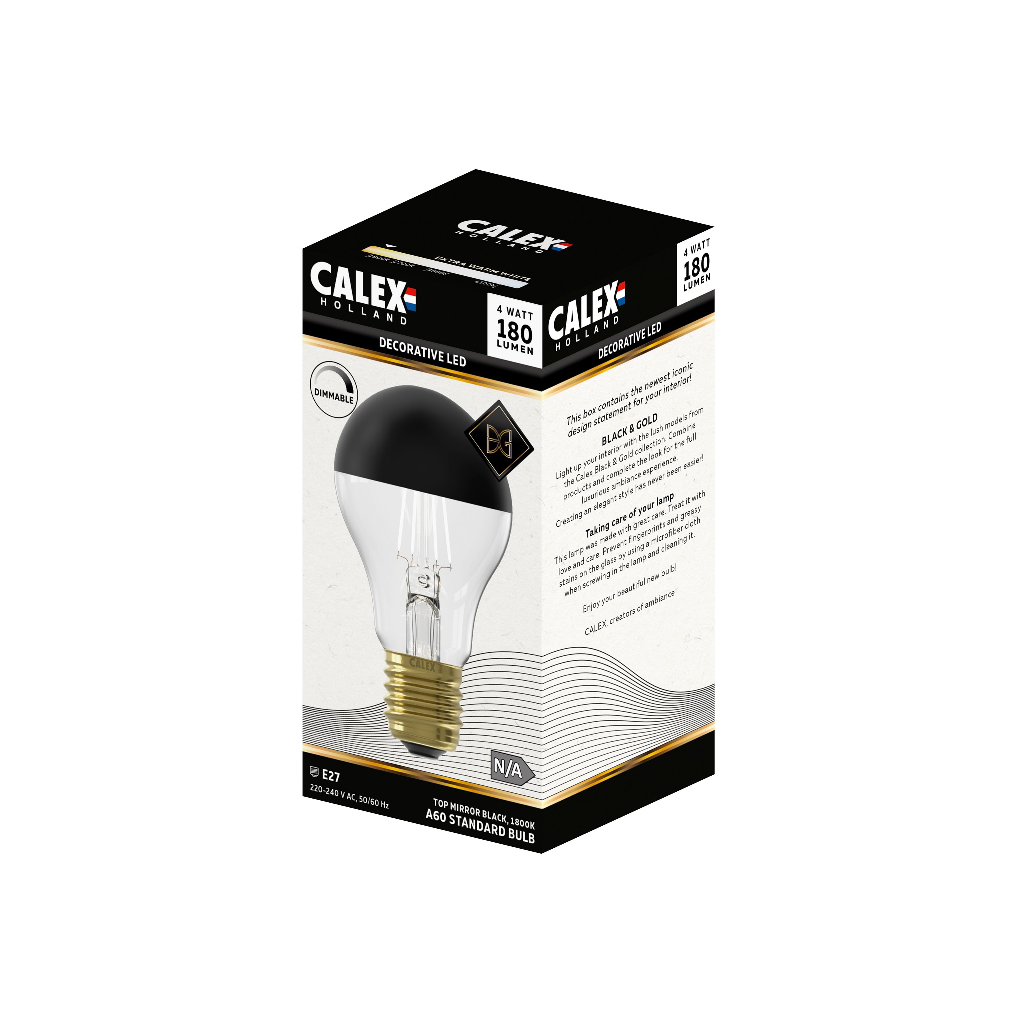 CALEX Mirror top E27 4W 180lm 360° Black & clear A60 Extra warm white LED Dimmable Filament Light bulb