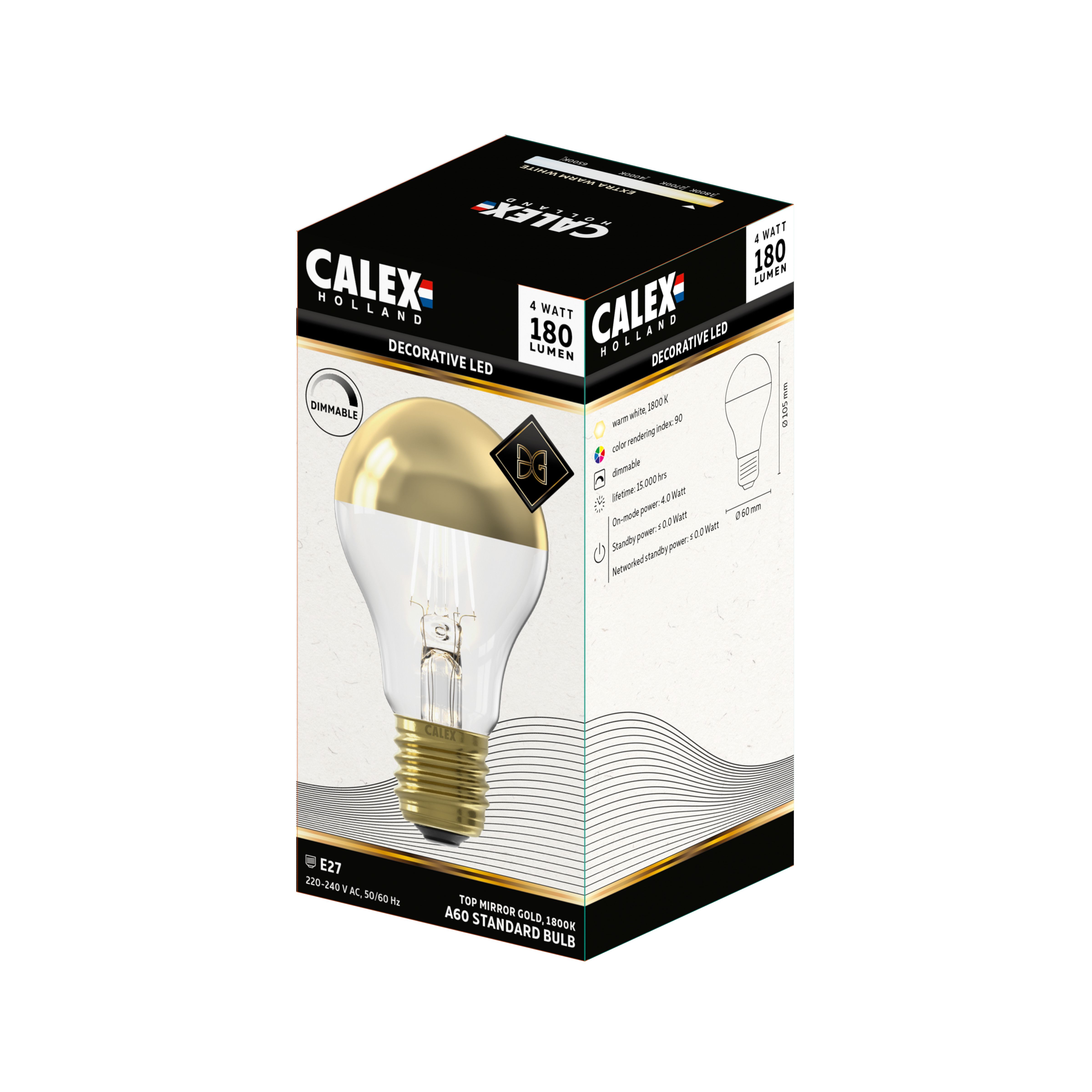 CALEX Mirror Top E27 4W 180lm A60 Extra warm white LED Dimmable Filament Light bulb