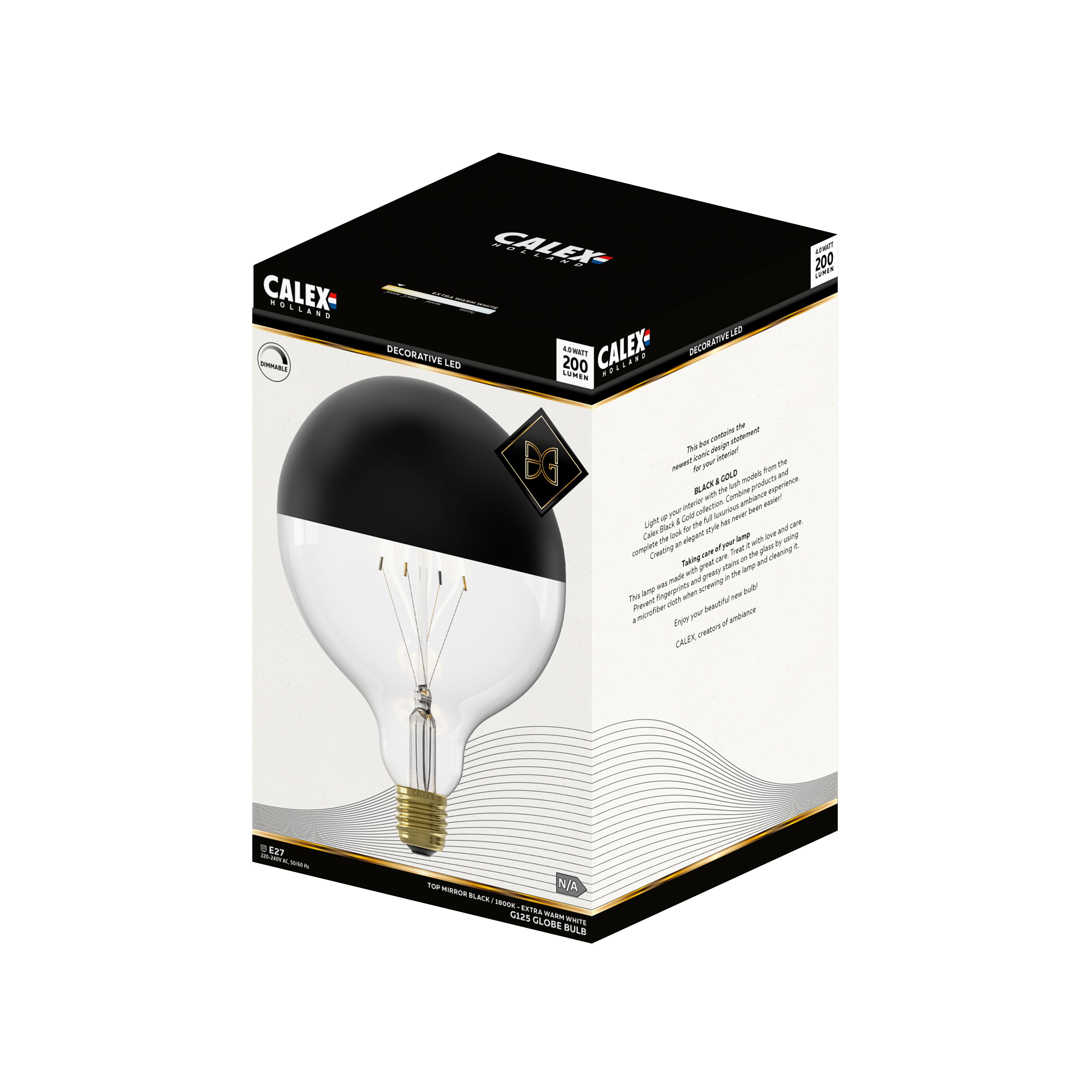 CALEX Mirror top E27 4W 200lm Black & clear Globe Warm white LED Dimmable Filament Light bulb