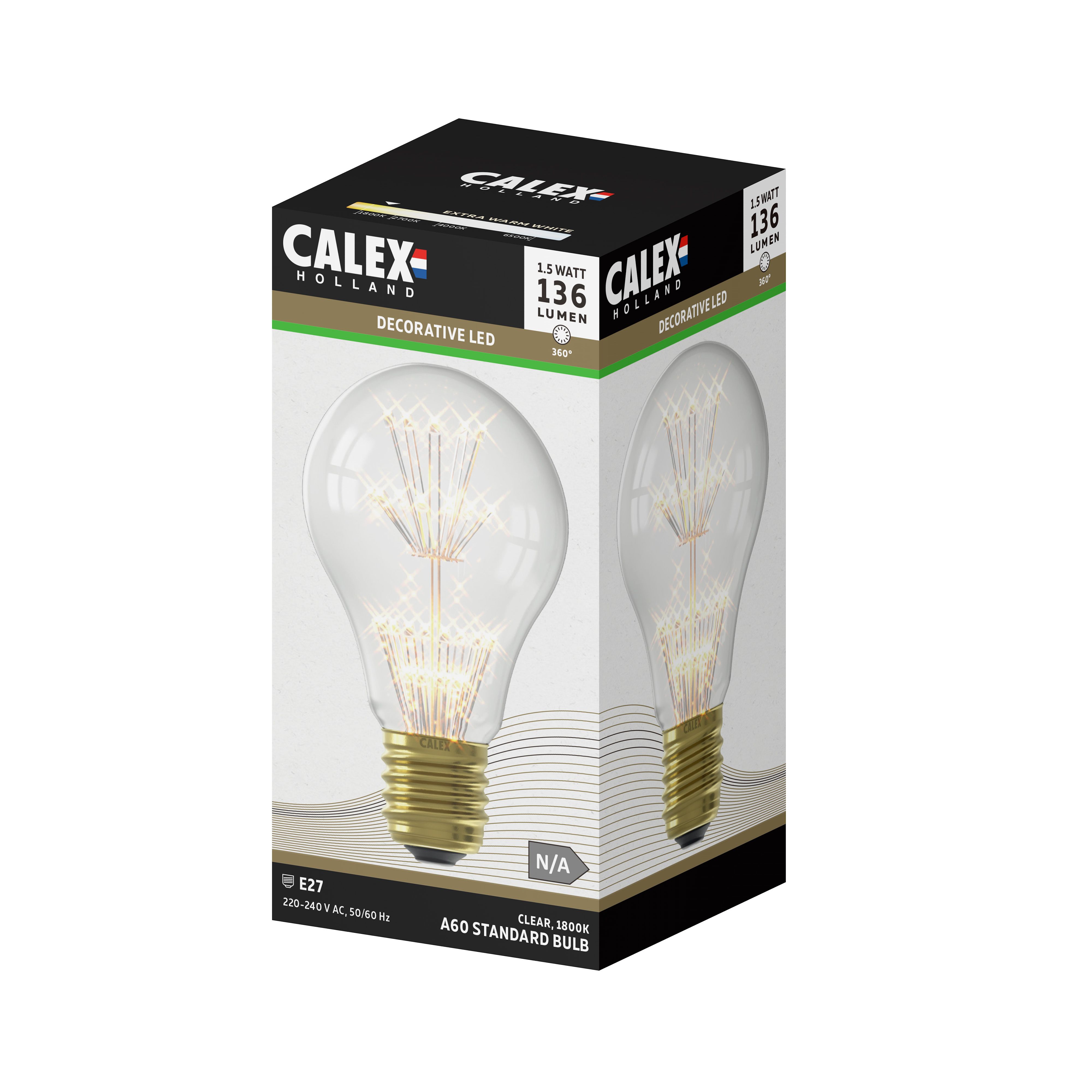 CALEX Pearl E27 1.5W 136lm 360° Clear A60 Extra warm white LED Filament Light bulb