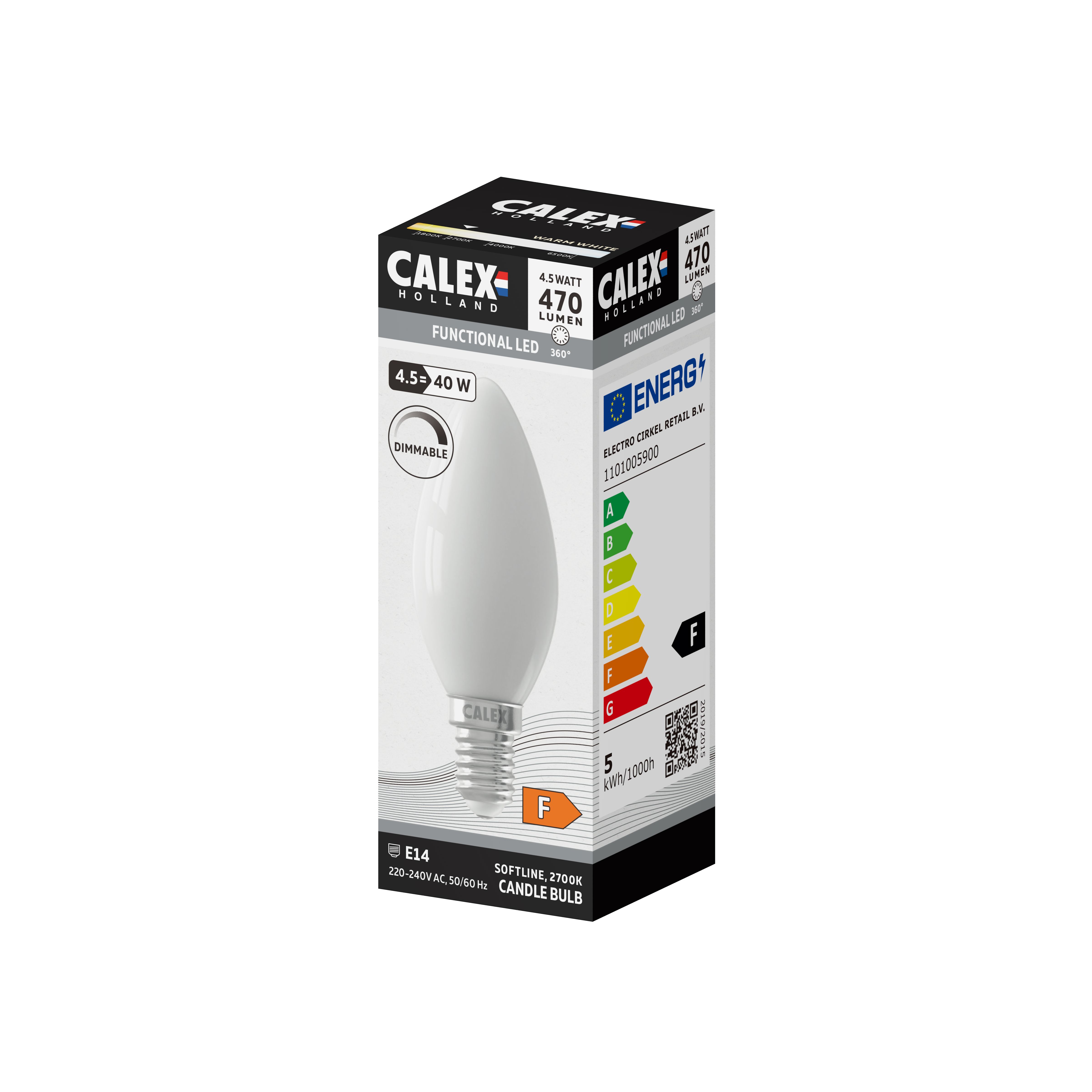 CALEX Sofltine E14 4W 450lm White Candle Warm white LED Dimmable Filament Light bulb