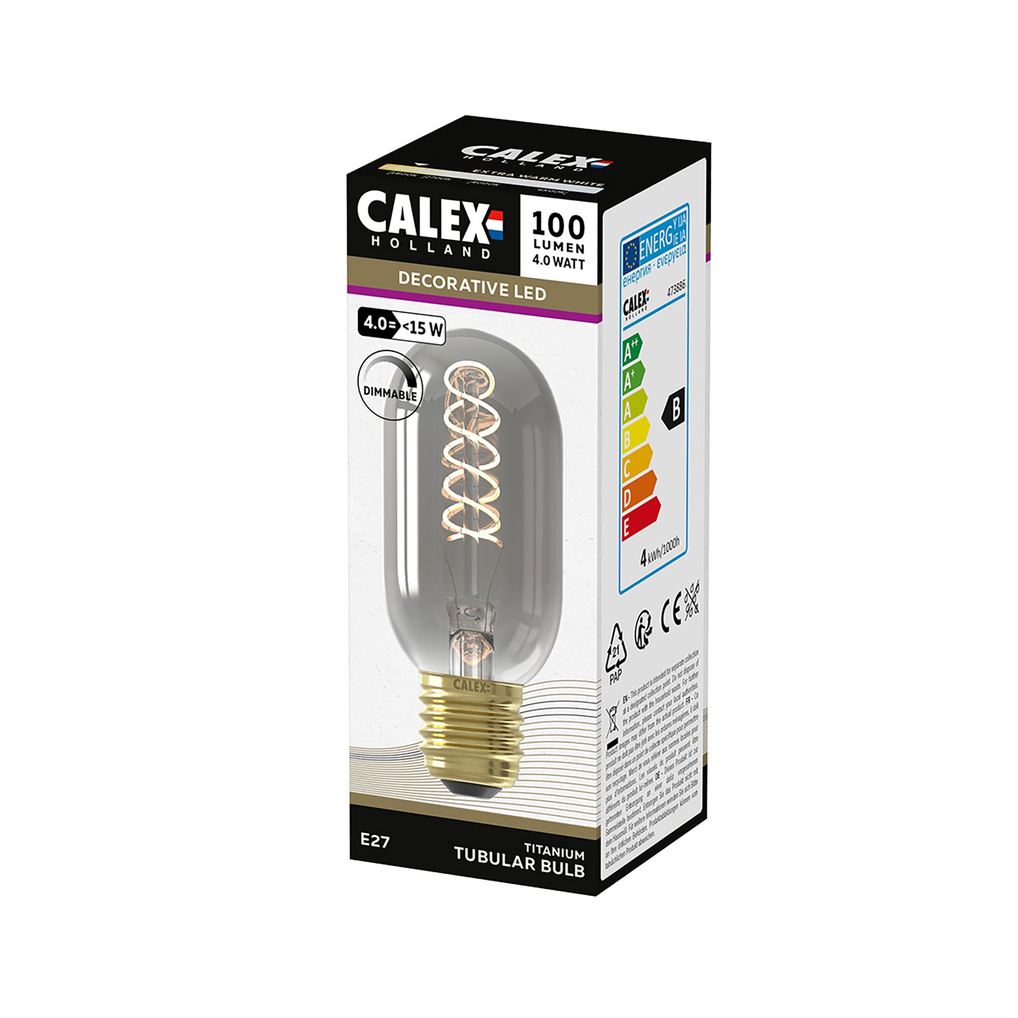 CALEX Titanium flex E27 4W 100lm 360° Smoke Tube Extra warm white LED Dimmable Filament Light bulb