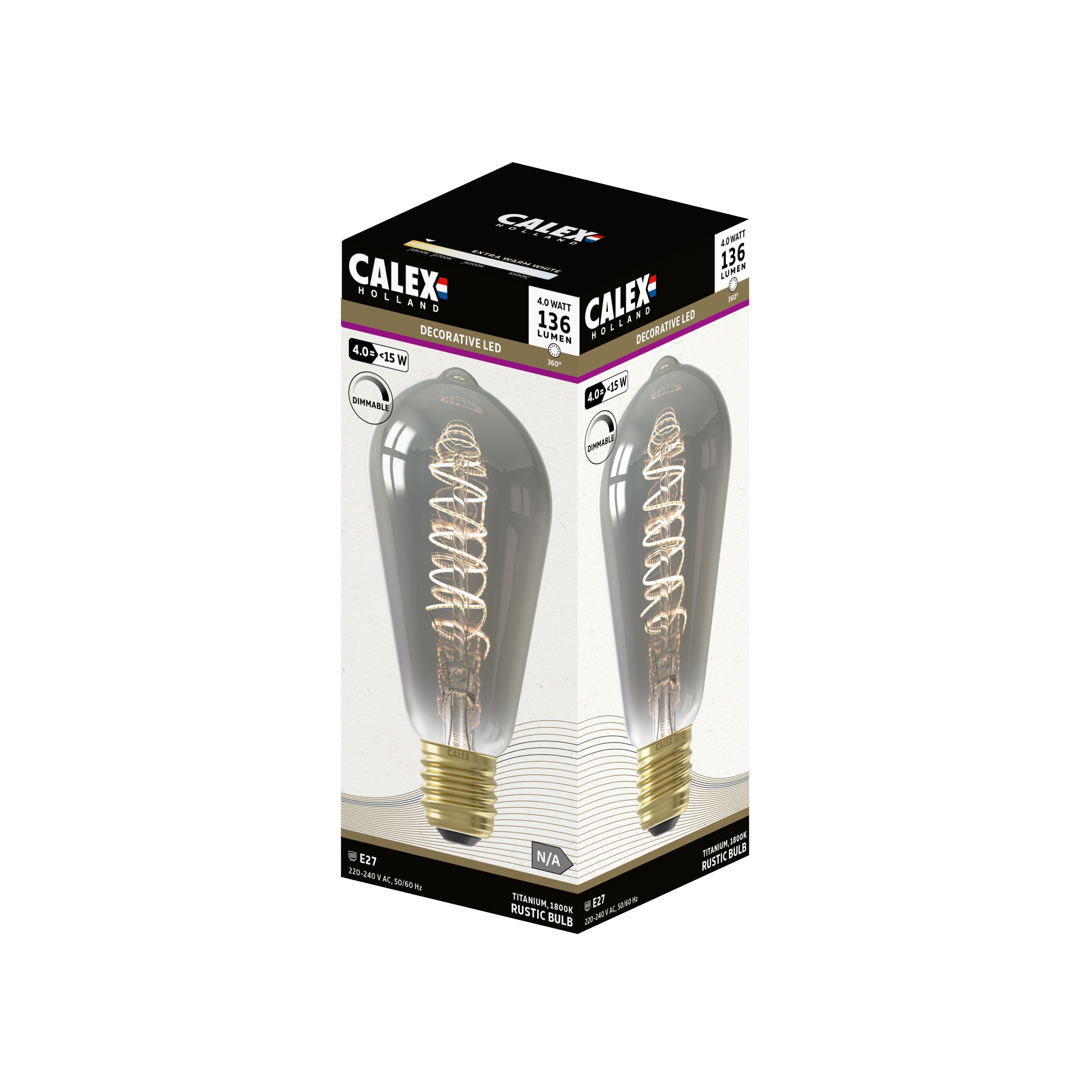 CALEX Titanium flex E27 4W 100lm Smoke ST64 Extra warm white LED Dimmable Filament Light bulb