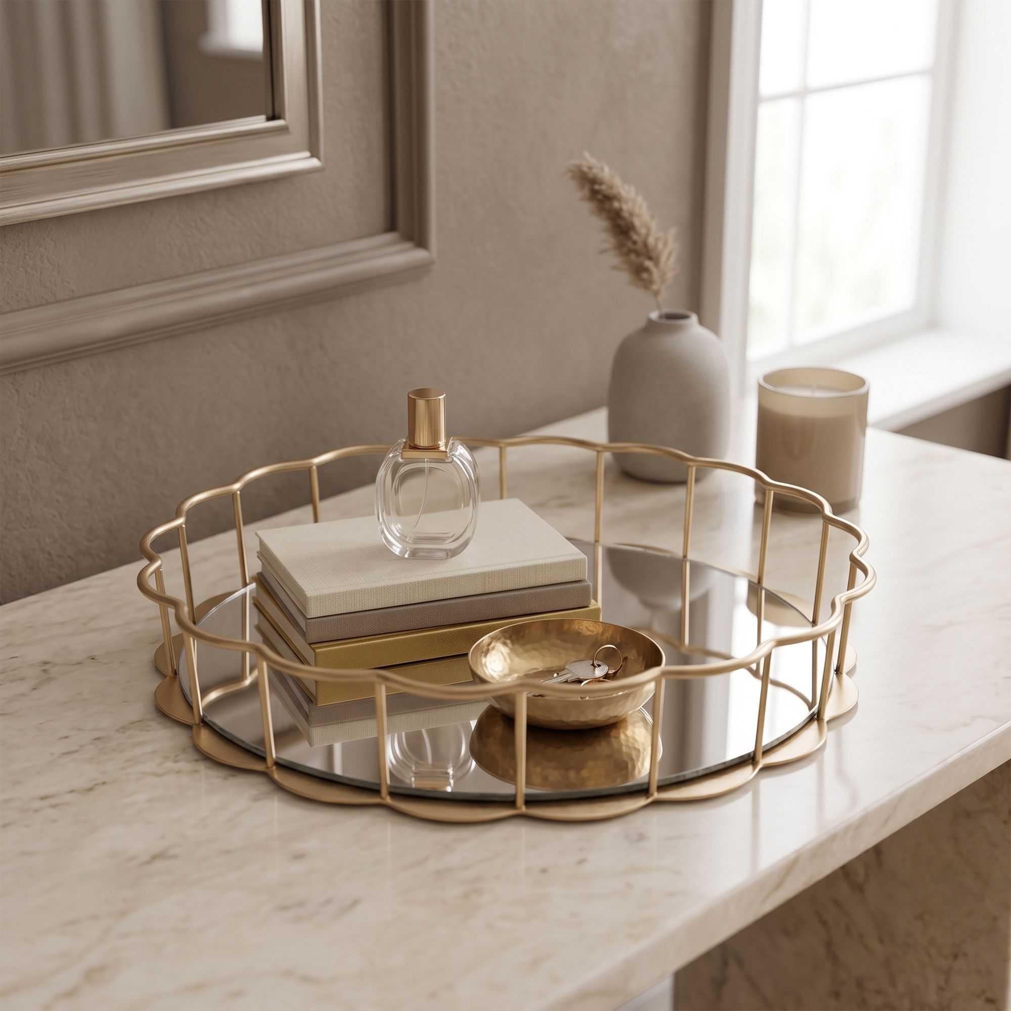 Candlelight Gold effect Scalloped Glass & stainless steel Tray