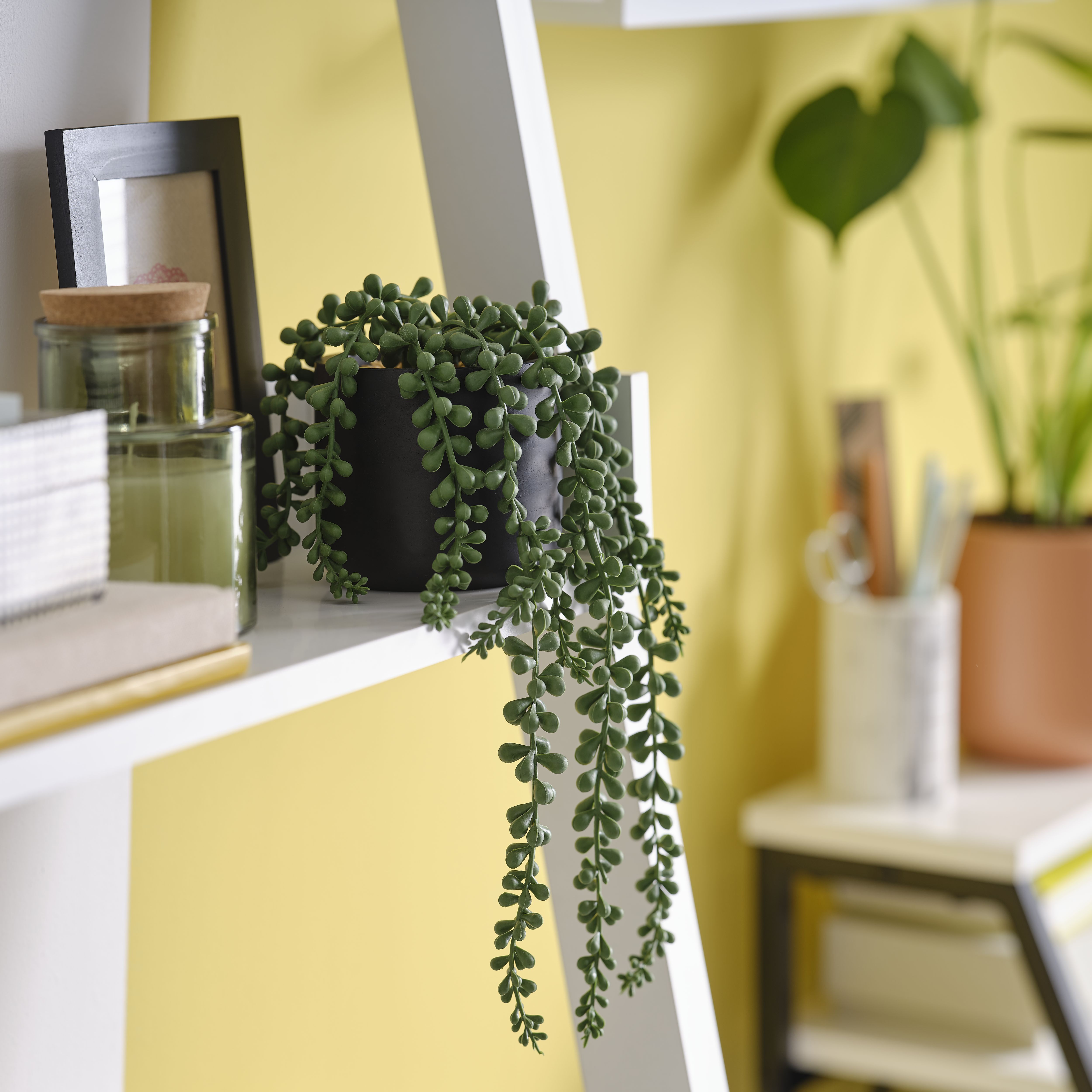Candlelight Green 12cm String of pearls Artificial plant in Black Ceramic Pot