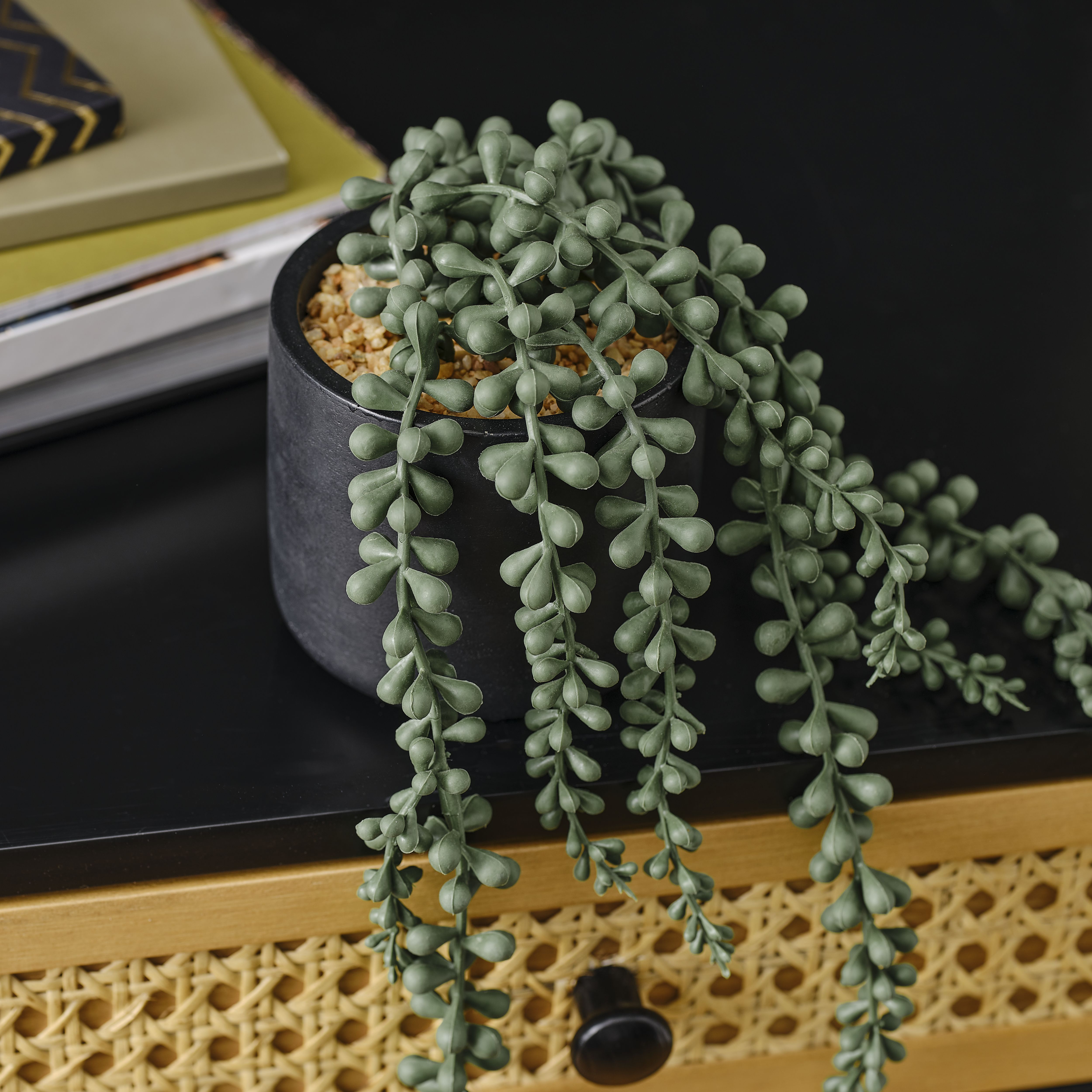 Candlelight Green 12cm String of pearls Artificial plant in Black Ceramic Pot