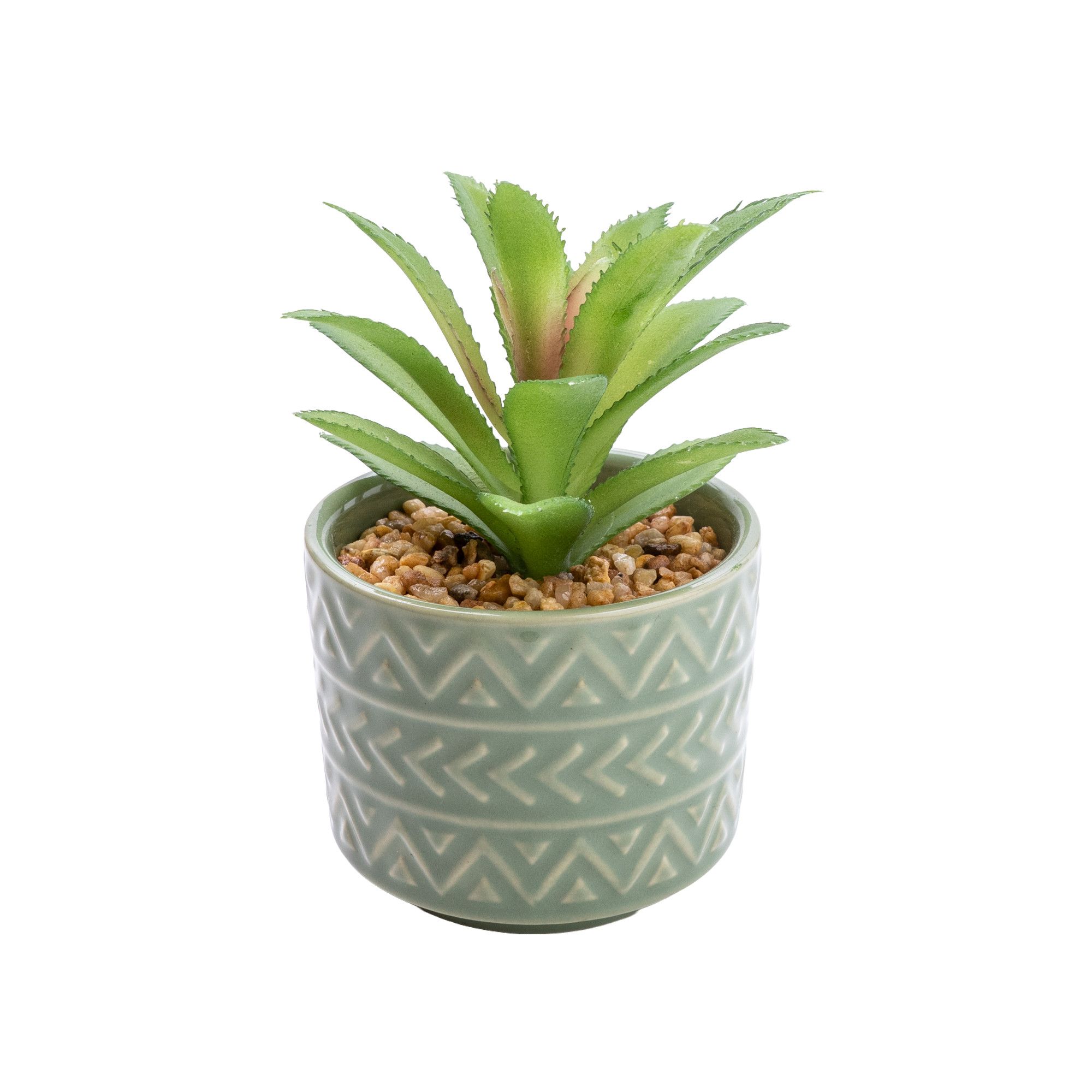 Candlelight Green 14cm Spikey succulent Artificial plant in Green Aztec Ceramic Pot