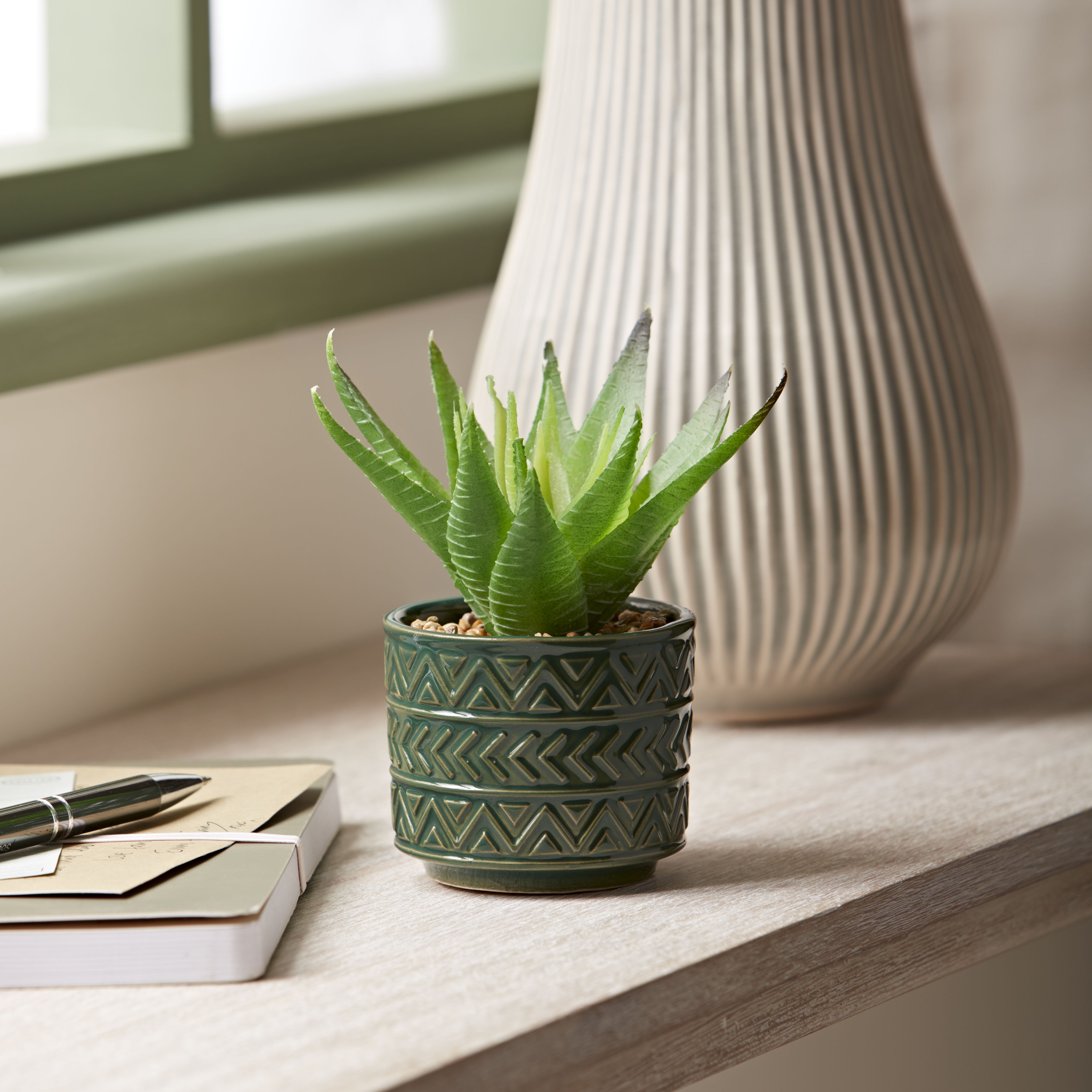 Candlelight Green 14cm Spikey succulent Artificial plant in Green Aztec Ceramic Pot