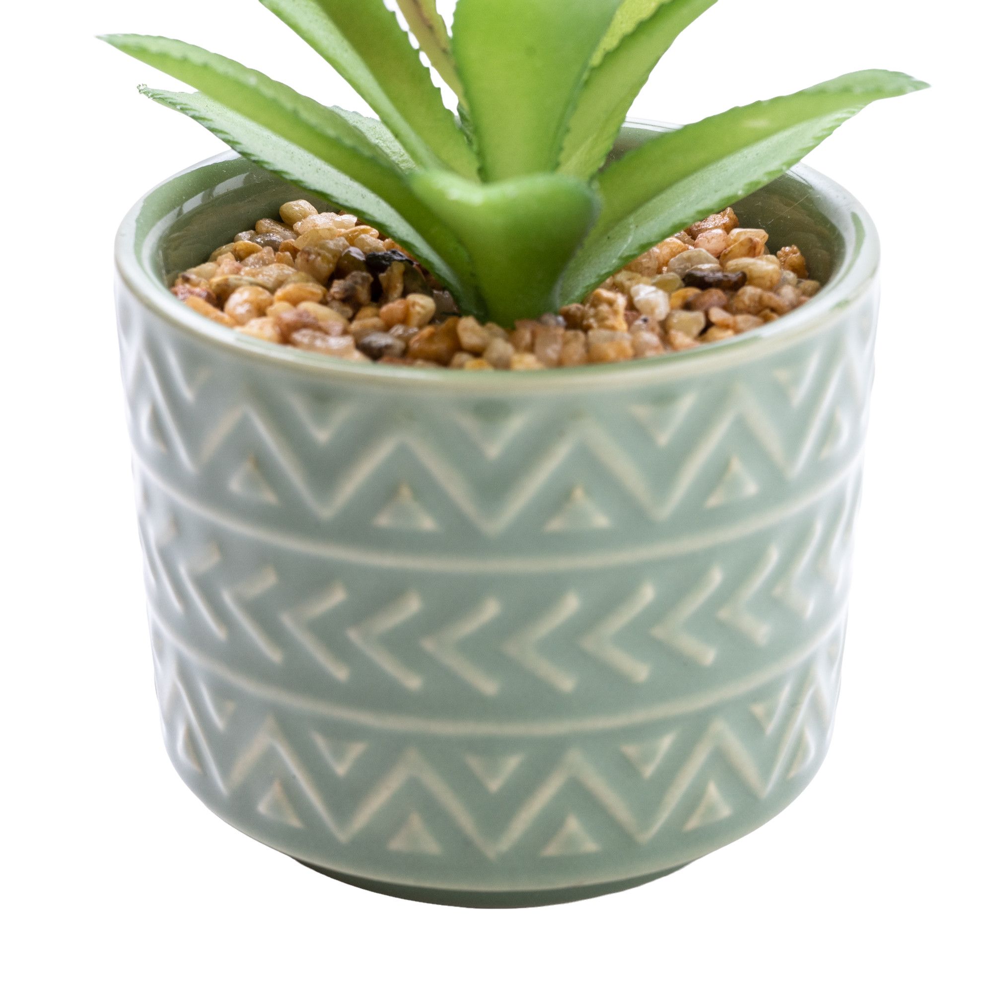 Candlelight Green 14cm Spikey succulent Artificial plant in Green Aztec Ceramic Pot