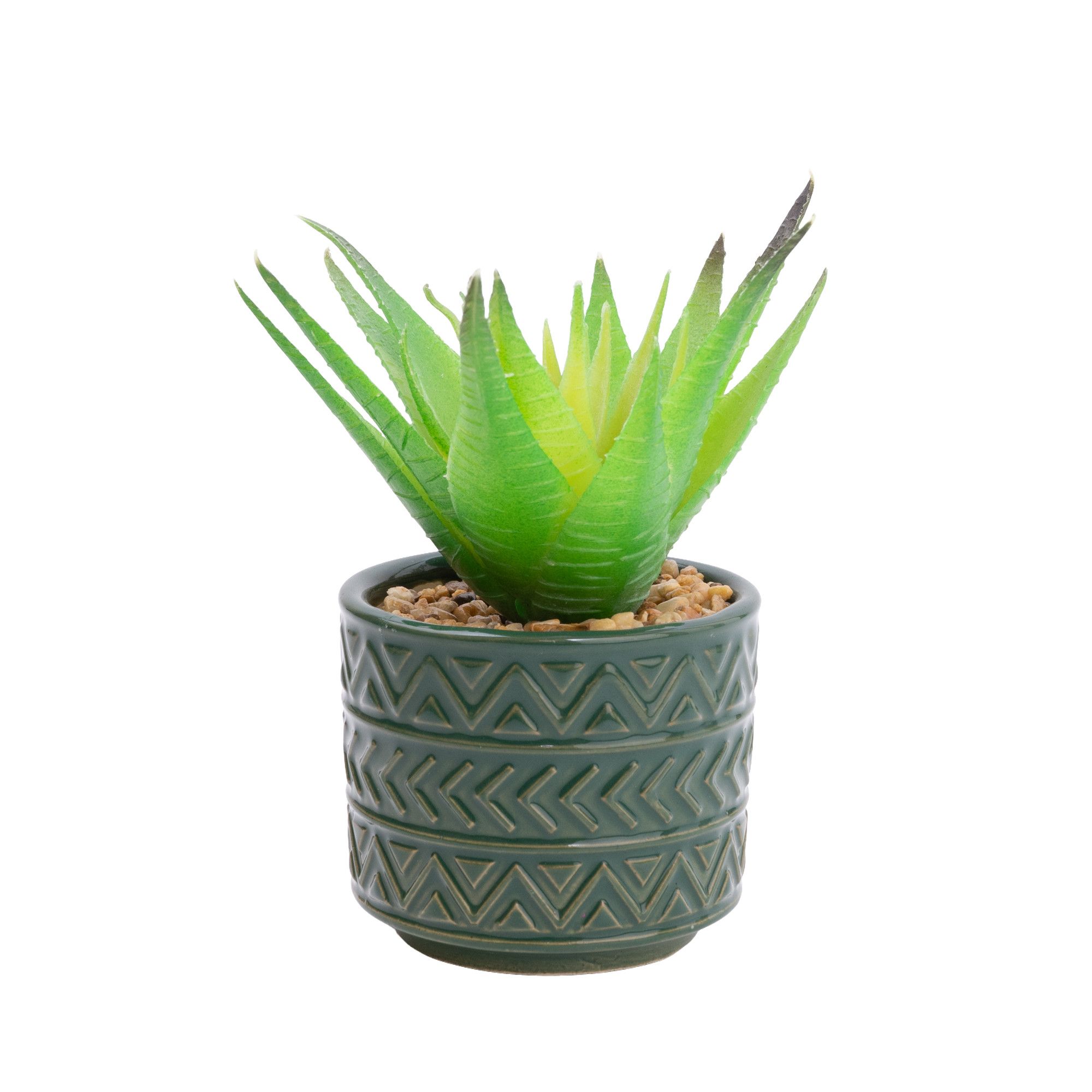 Candlelight Green 14cm Succulent Artificial plant in Green Aztec Ceramic Pot