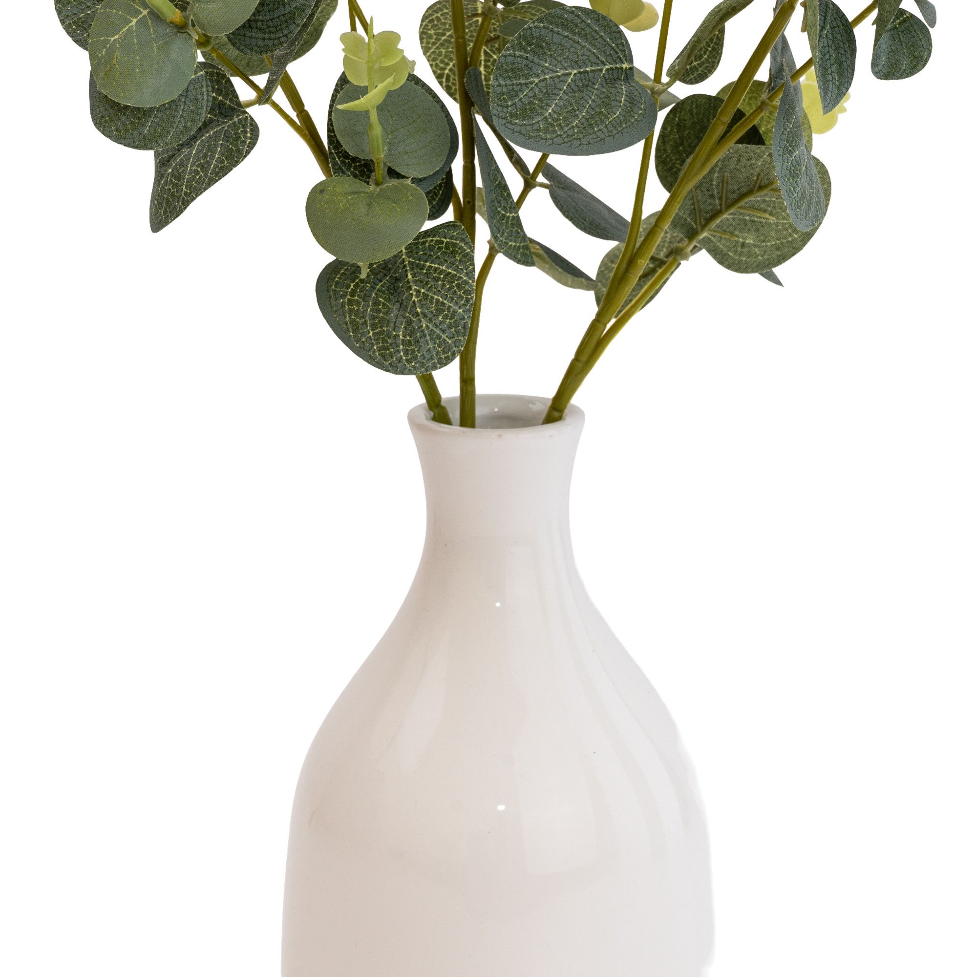 Candlelight Green 25cm Eucalyptus stems Artificial plant in Natural Ceramic Bottle vase