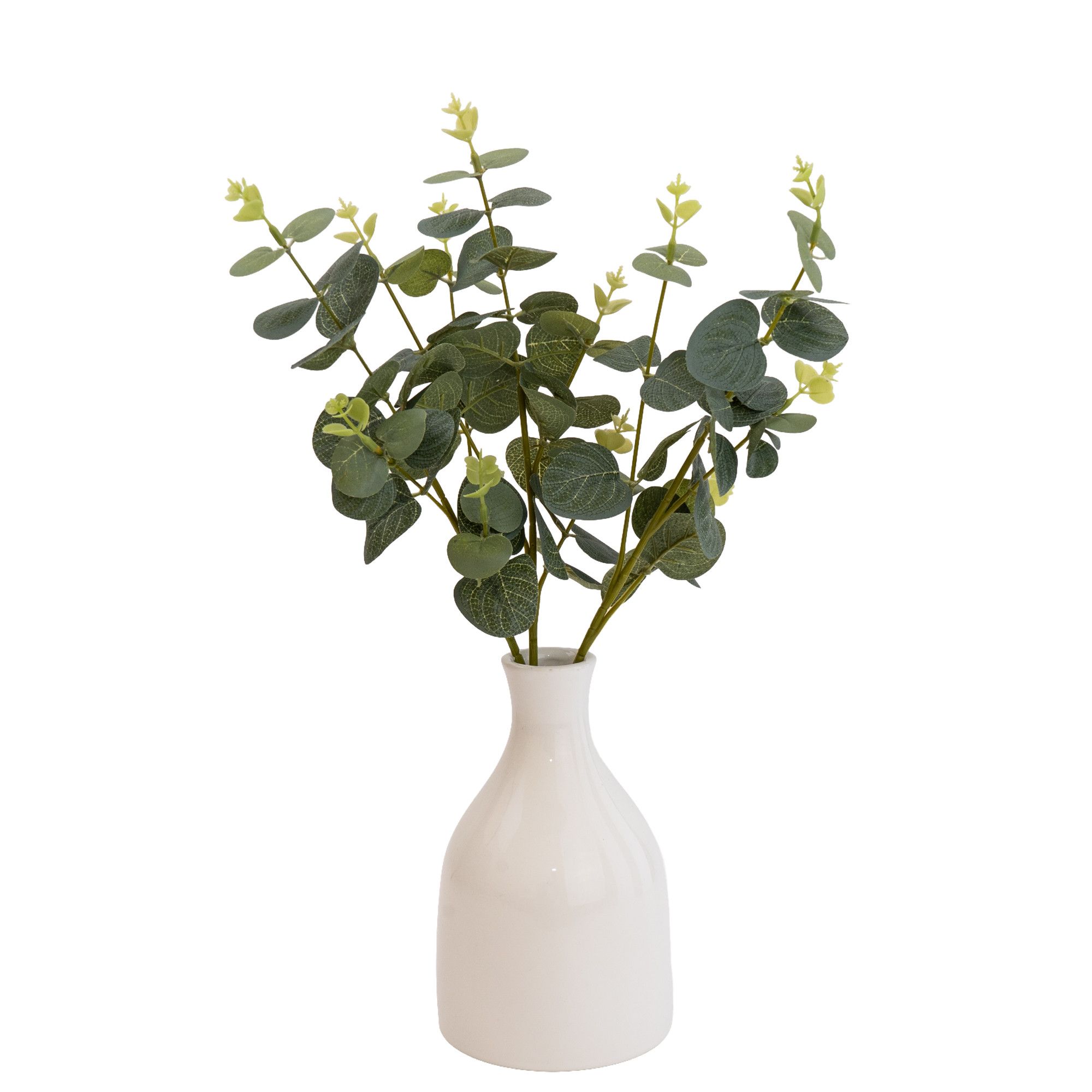 Candlelight Green 25cm Eucalyptus stems Artificial plant in Natural Ceramic Bottle vase