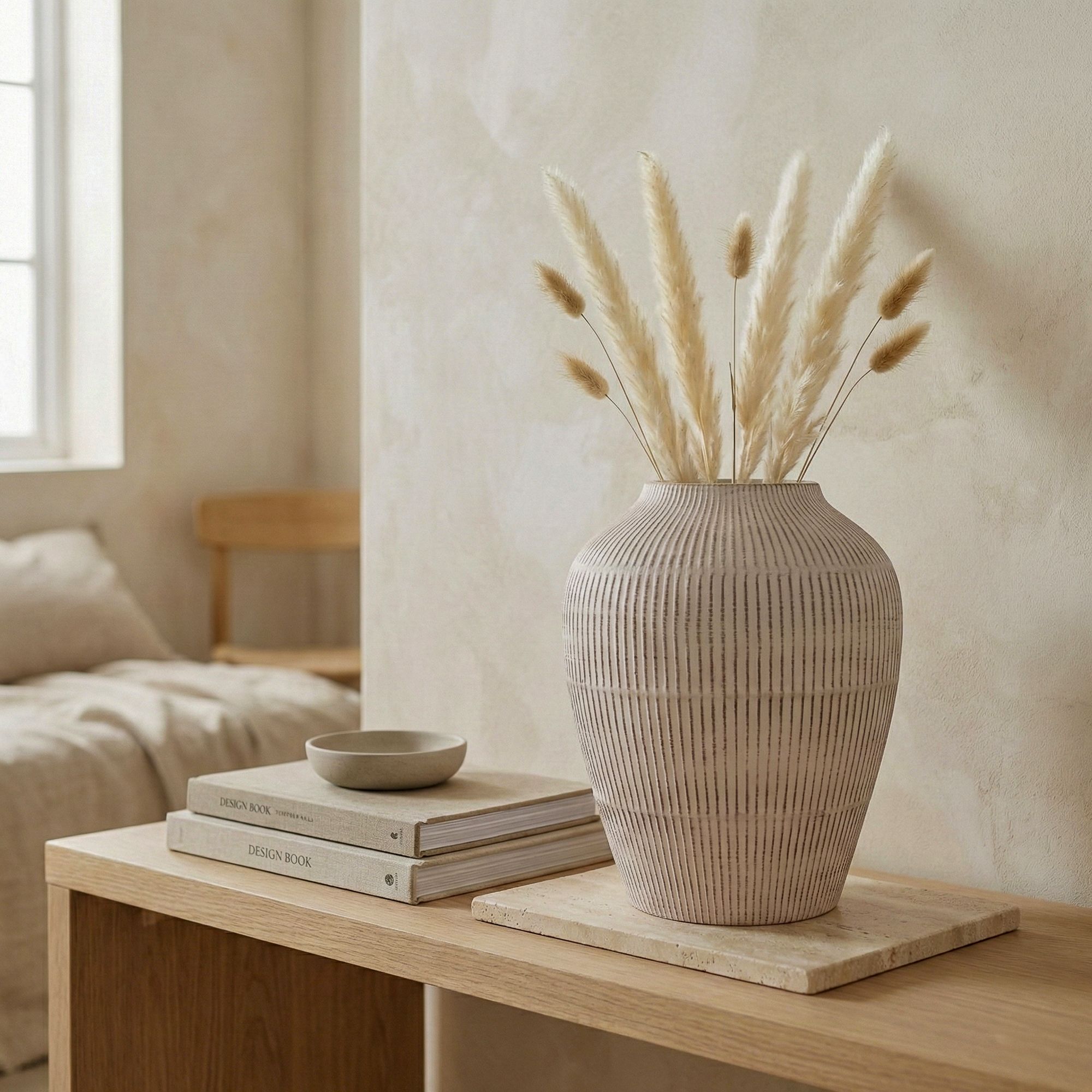 Candlelight Medium Cream Matt Ceramic Textured Vase, (H)26cm (D)18.5cm