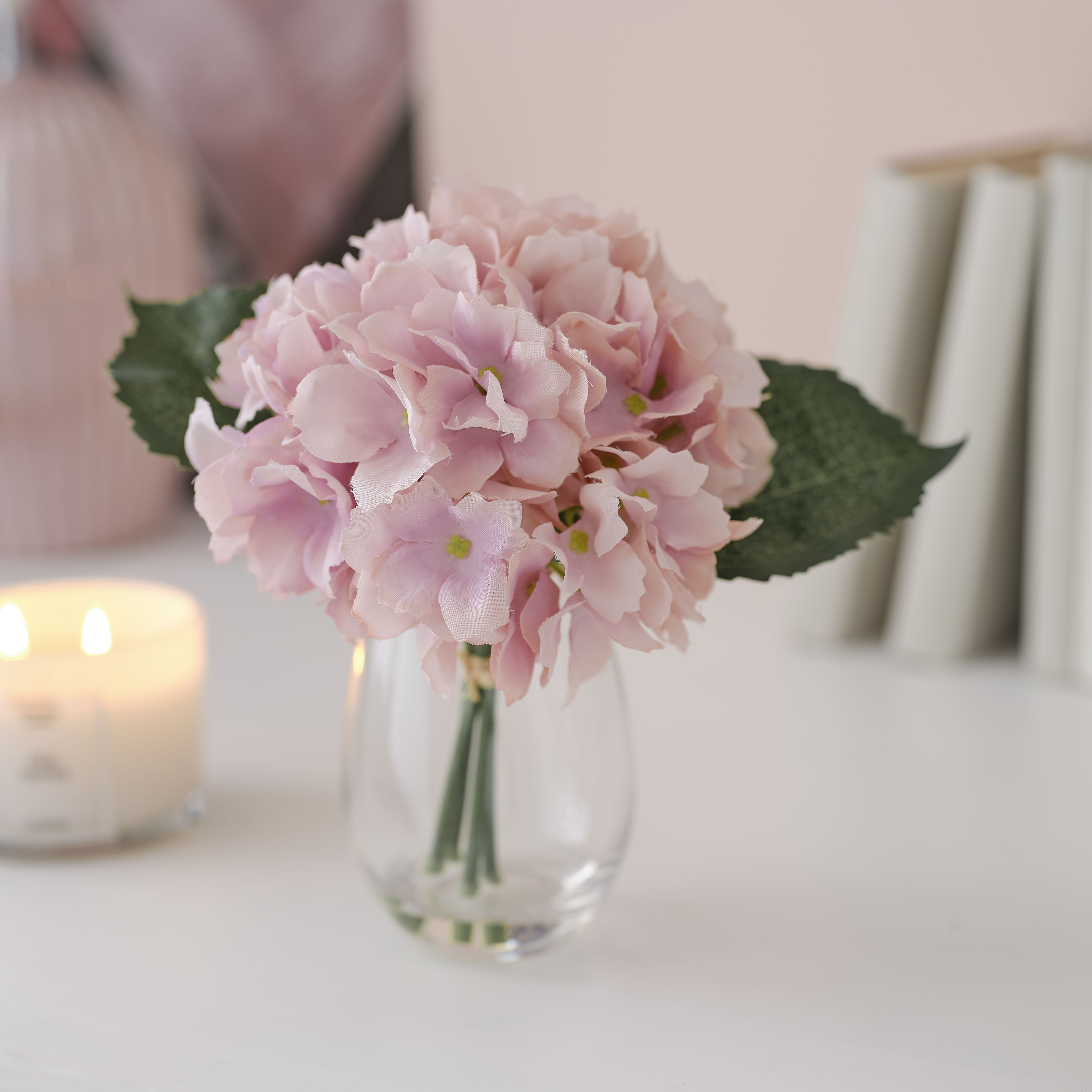 Candlelight Pink 17cm Hydrangeas Artificial plant in Clear Glass Vase
