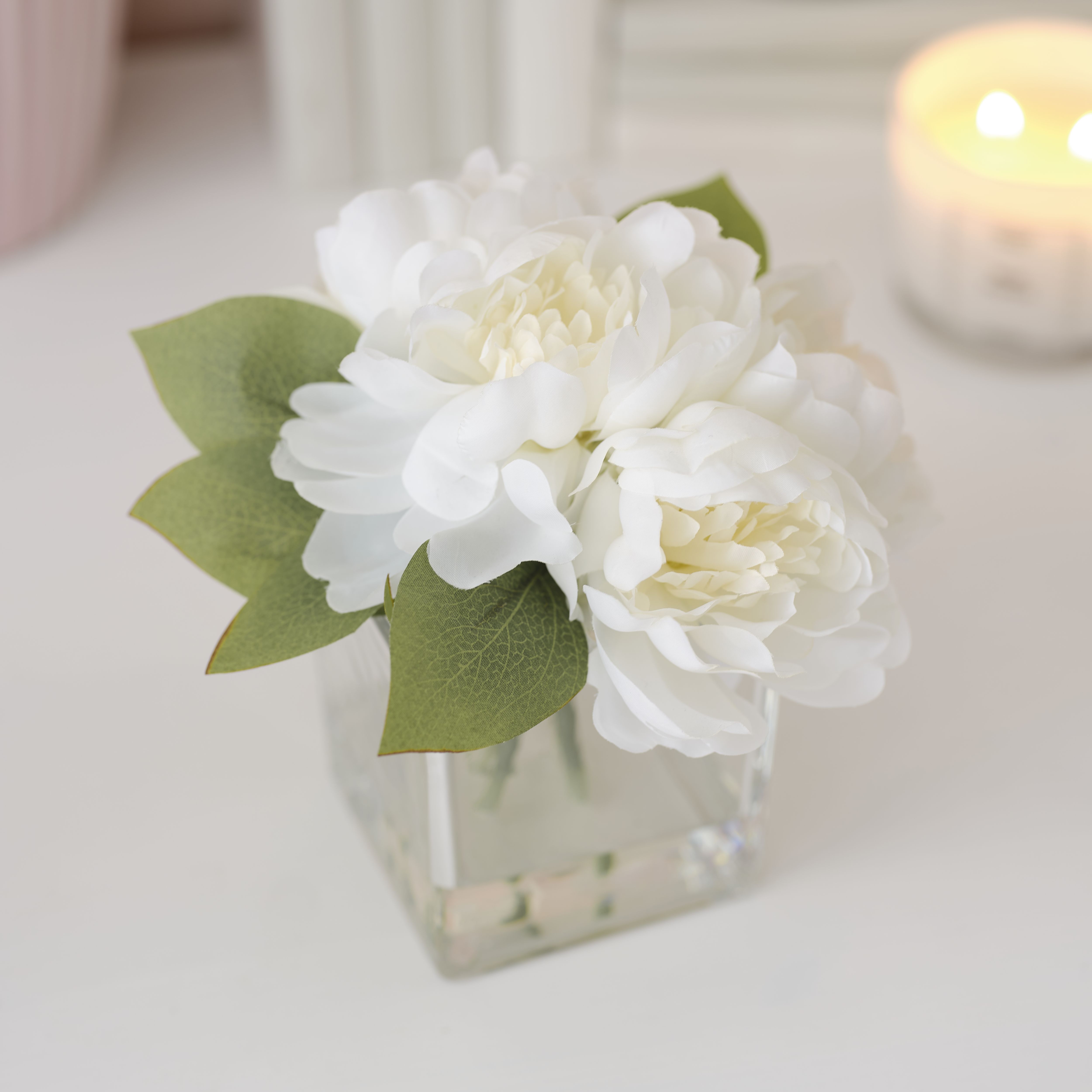 Candlelight White 19cm Roses Artificial plant in Clear Square Glass Vase