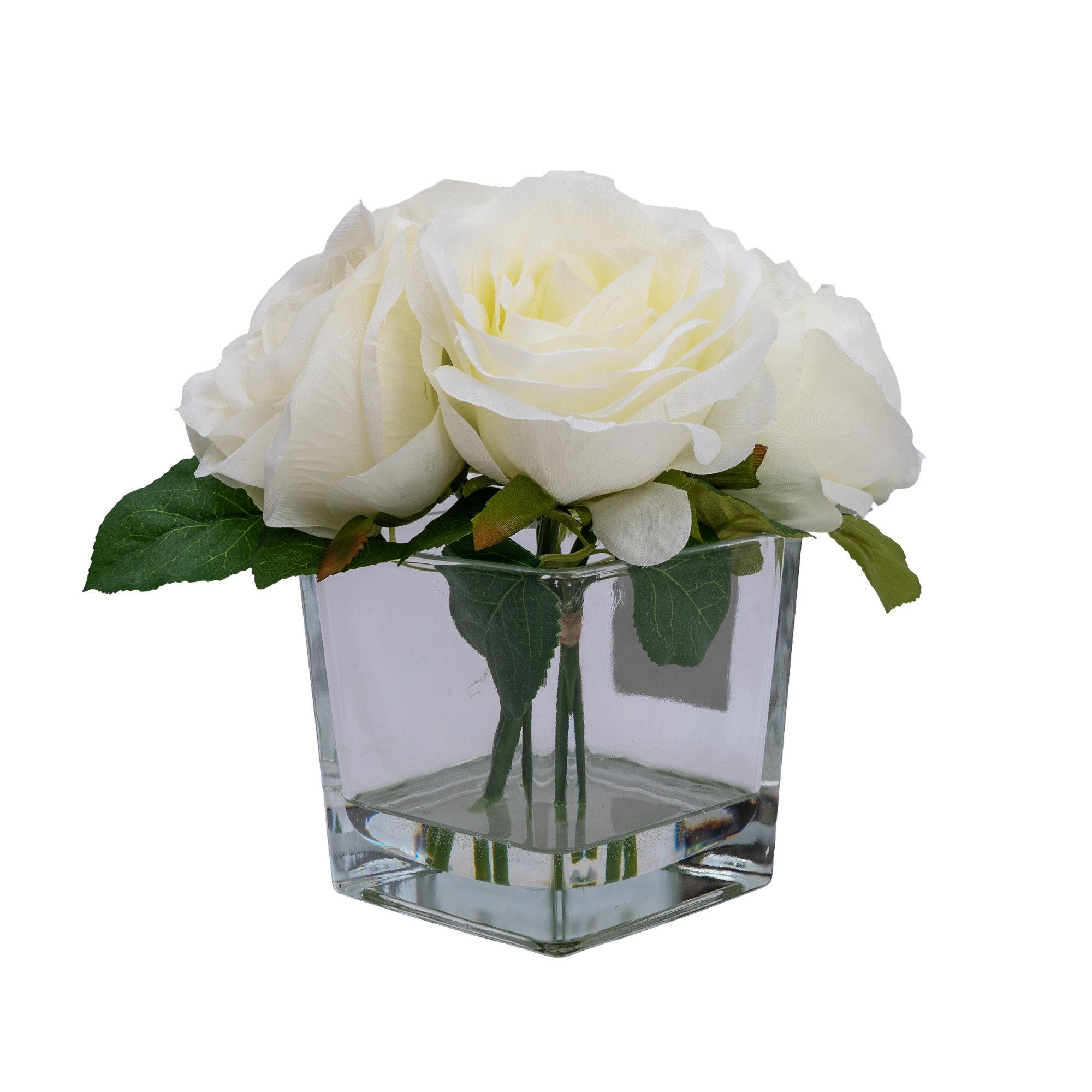 Candlelight White 19cm Roses Artificial plant in Clear Square Glass Vase