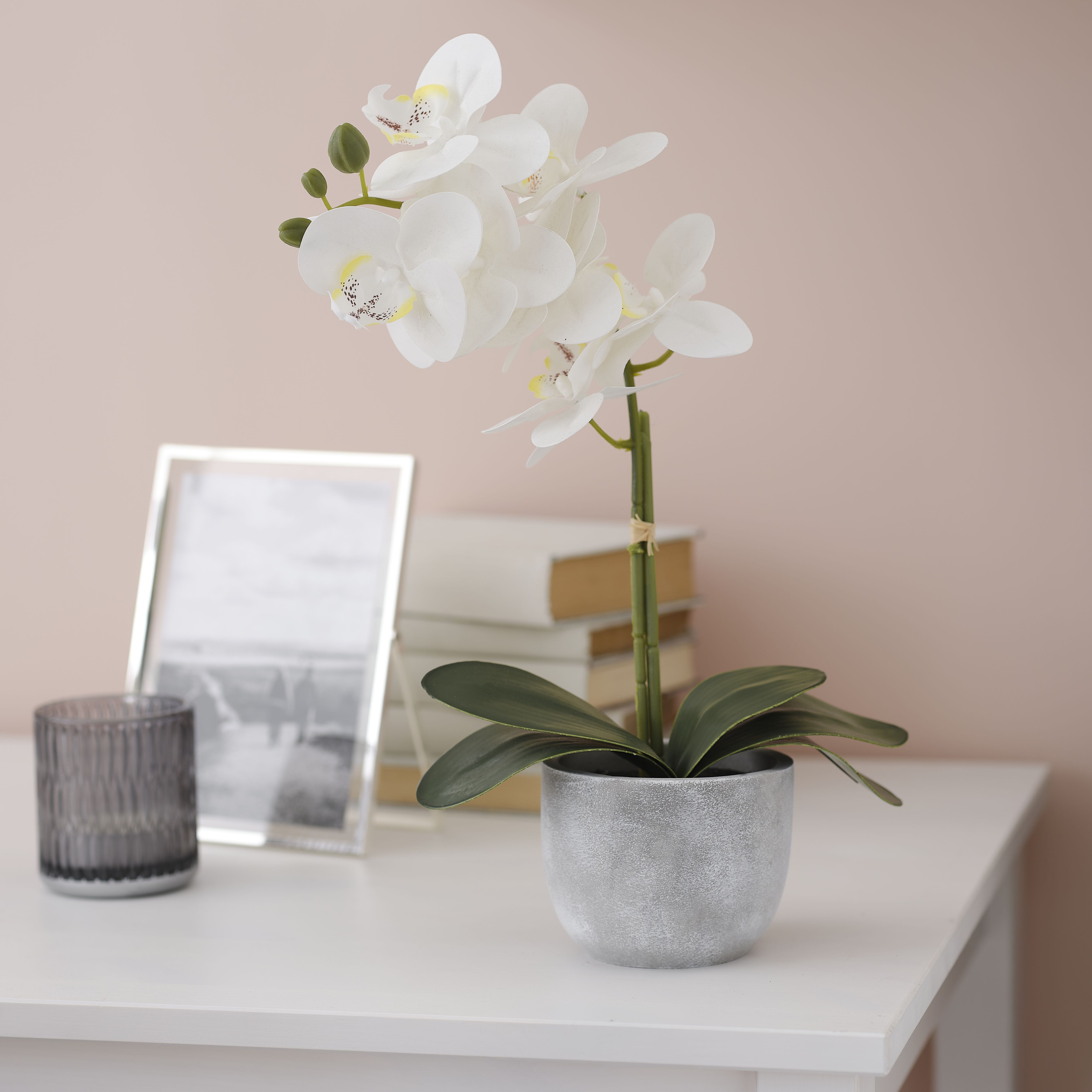 Candlelight White 25cm Orchid Artificial plant in Grey Ceramic Pot