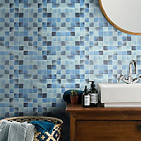 Carnival Blue & white Glass Mosaic tile, (L)300mm (W)300mm