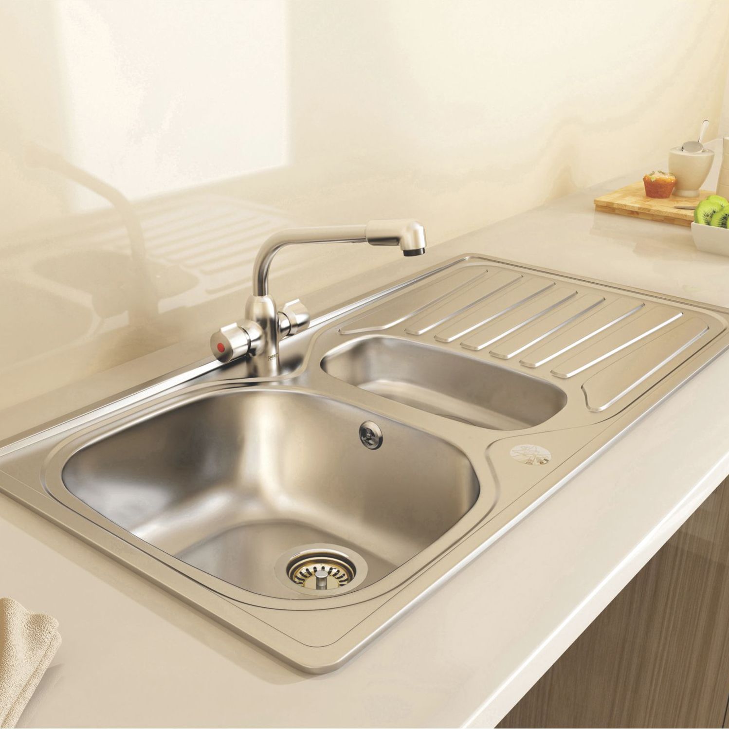 Carron Phoenix Stainless steel 1.5 Bowl Kitchen sink 965mm x 965mm