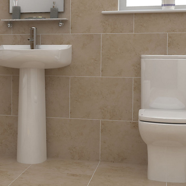 Castle Travertine Cream Satin Plain, Ceramic Tile For Bathroom