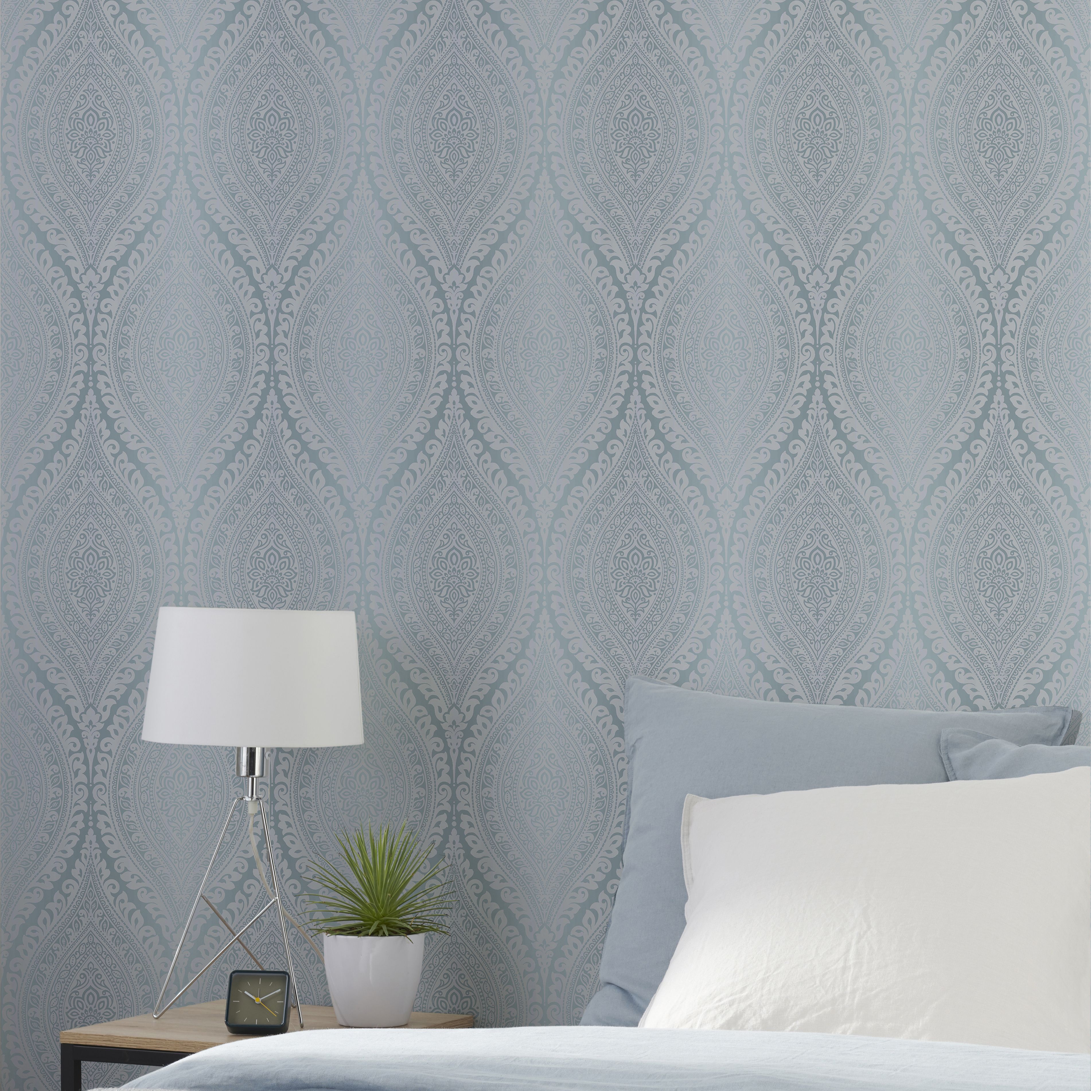 Celosi Blue Metallic effect Damask Textured Wallpaper Sample
