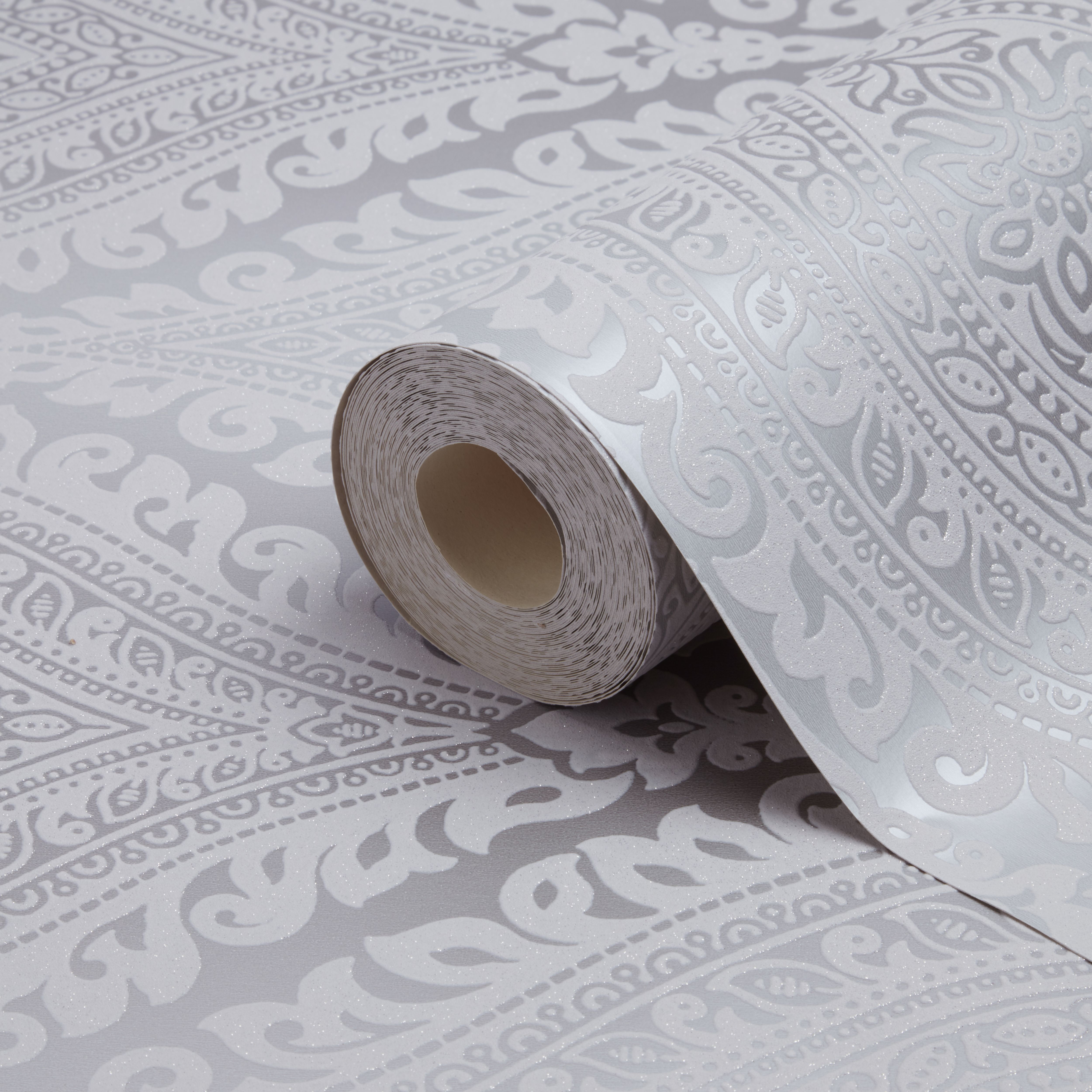 Celosi Grey Metallic effect Damask Textured Wallpaper