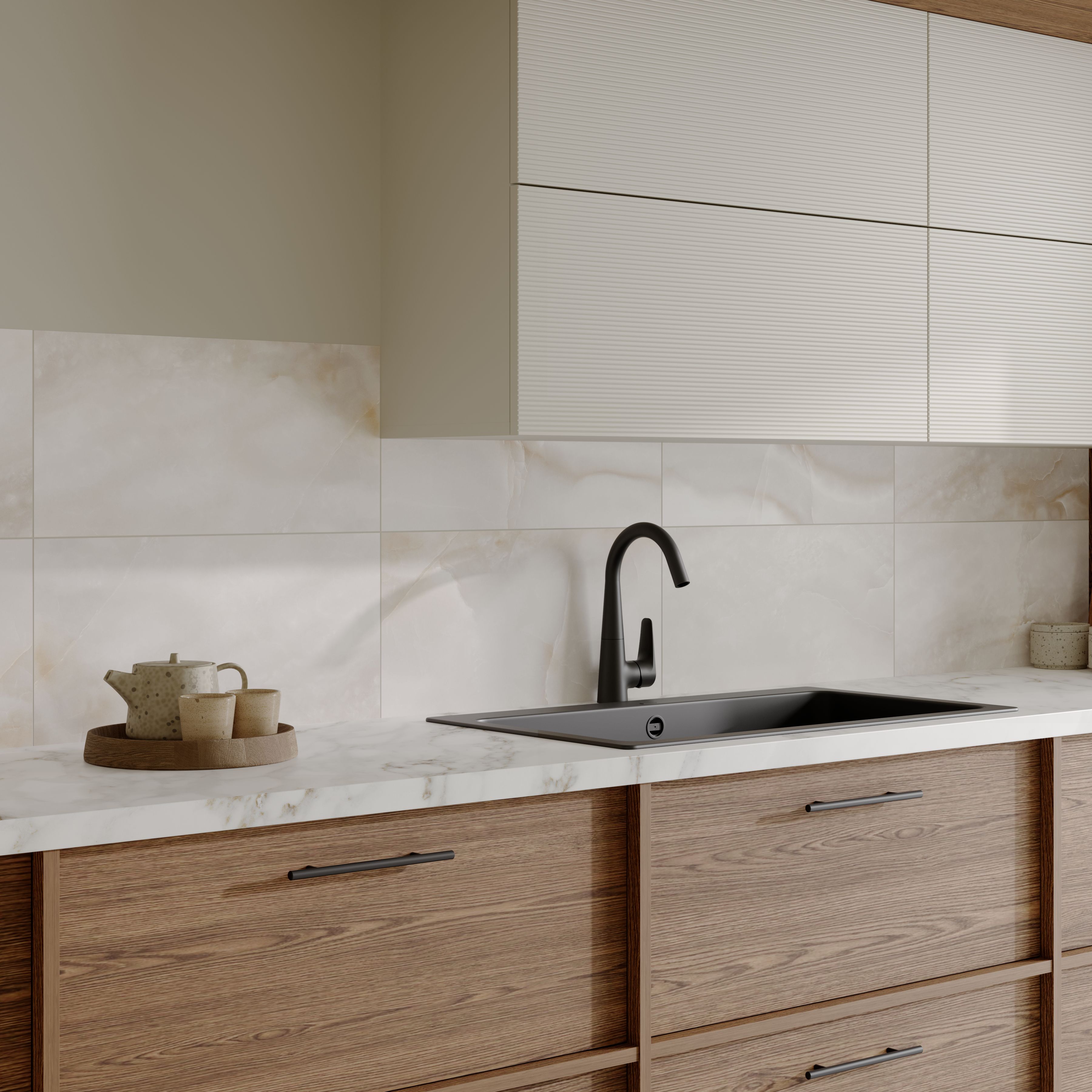Ceramica Opal Beige Gloss Marble effect Ceramic Indoor Wall tile, Pack of 6, (L)600mm (W)300mm