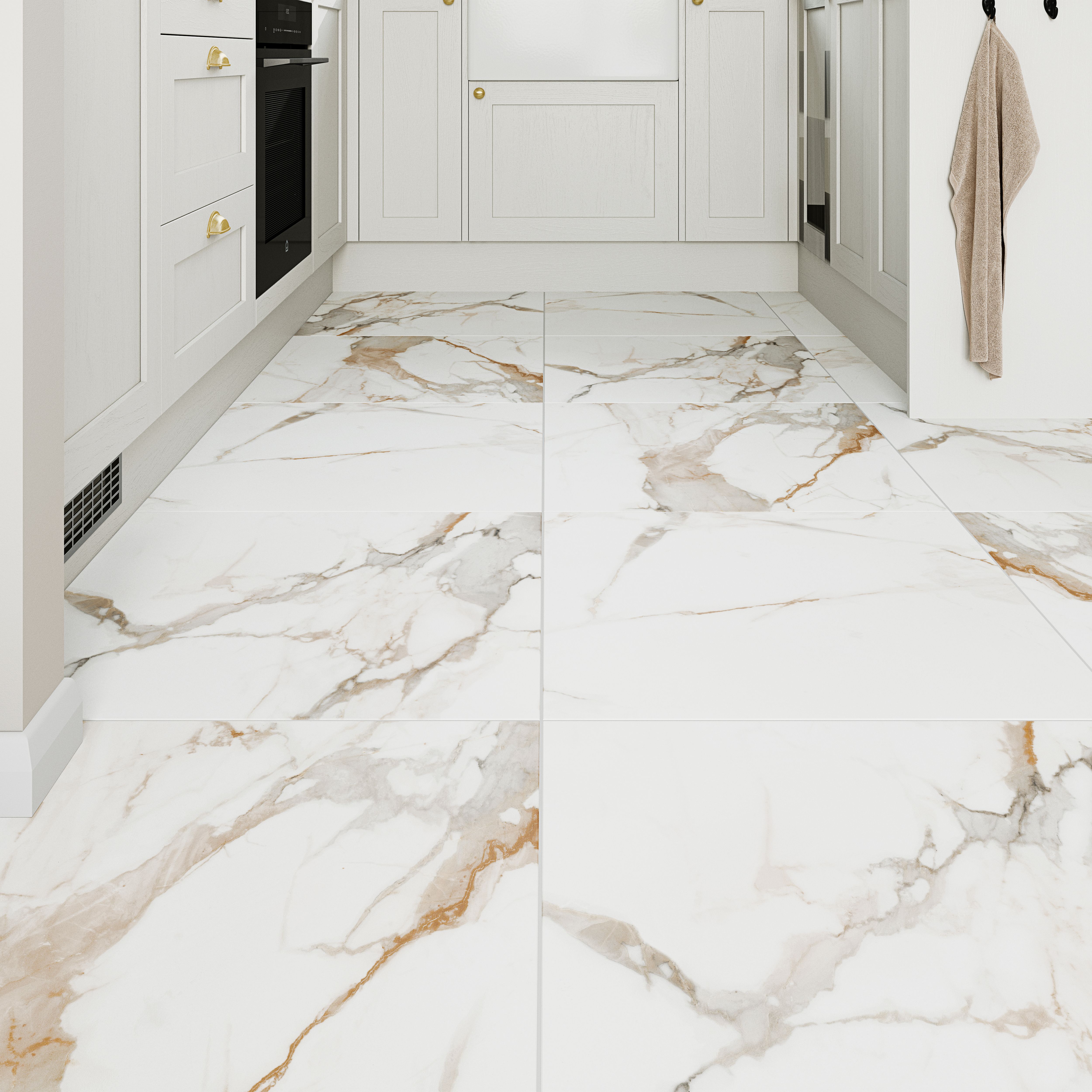 Cervo White & gold Matt Marble effect Textured Porcelain Indoor Wall & floor Tile, Pack of 3, (L)600mm (W)600mm