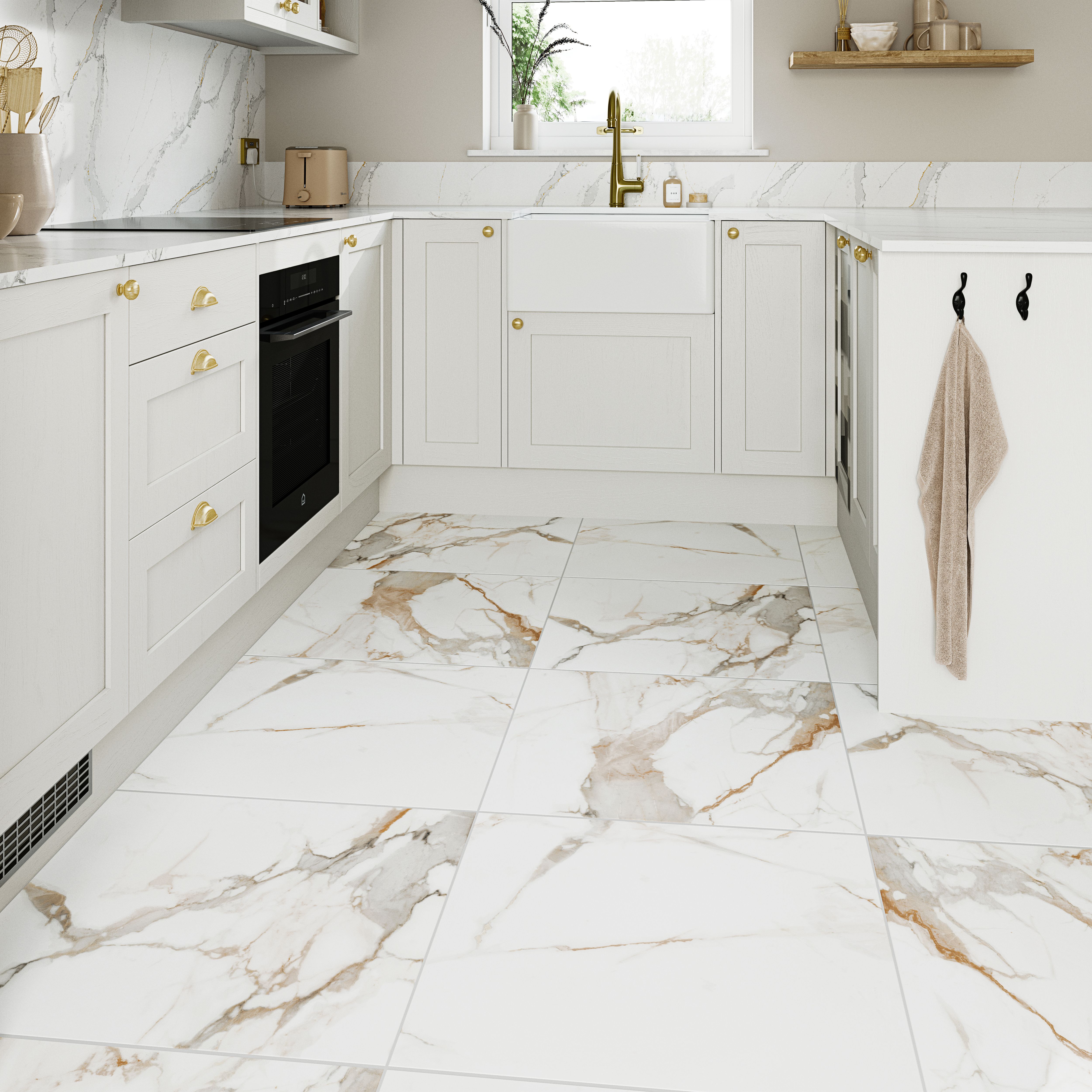 Cervo White & gold Matt Marble effect Textured Porcelain Indoor Wall & floor Tile, Pack of 3, (L)600mm (W)600mm