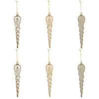 Champagne Glitter effect Plastic Icicle Bauble, Set of 6