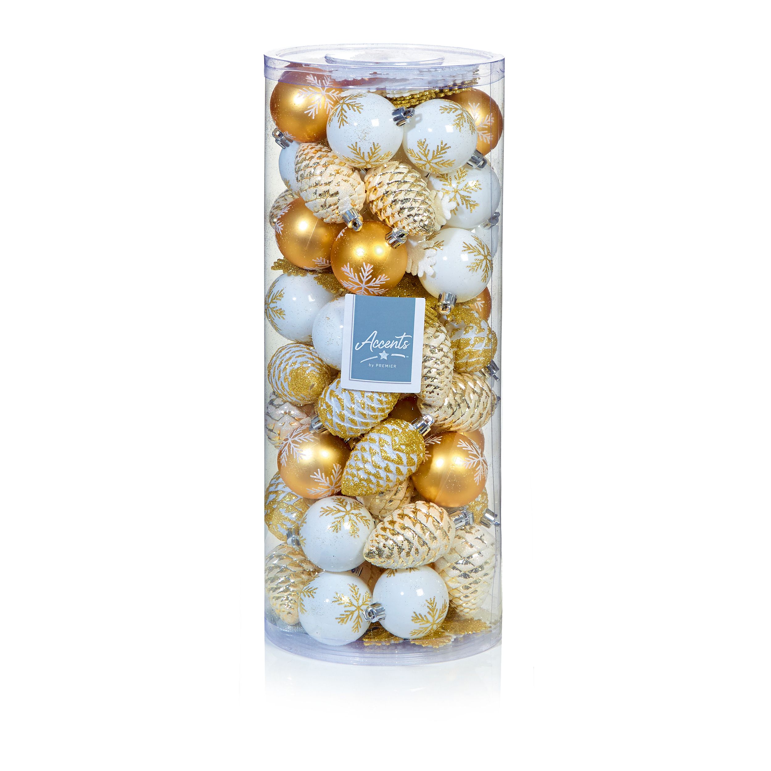 Champagne Gold Glitter effect Snowflake & Pinecone Plastic Bauble, Pack ...