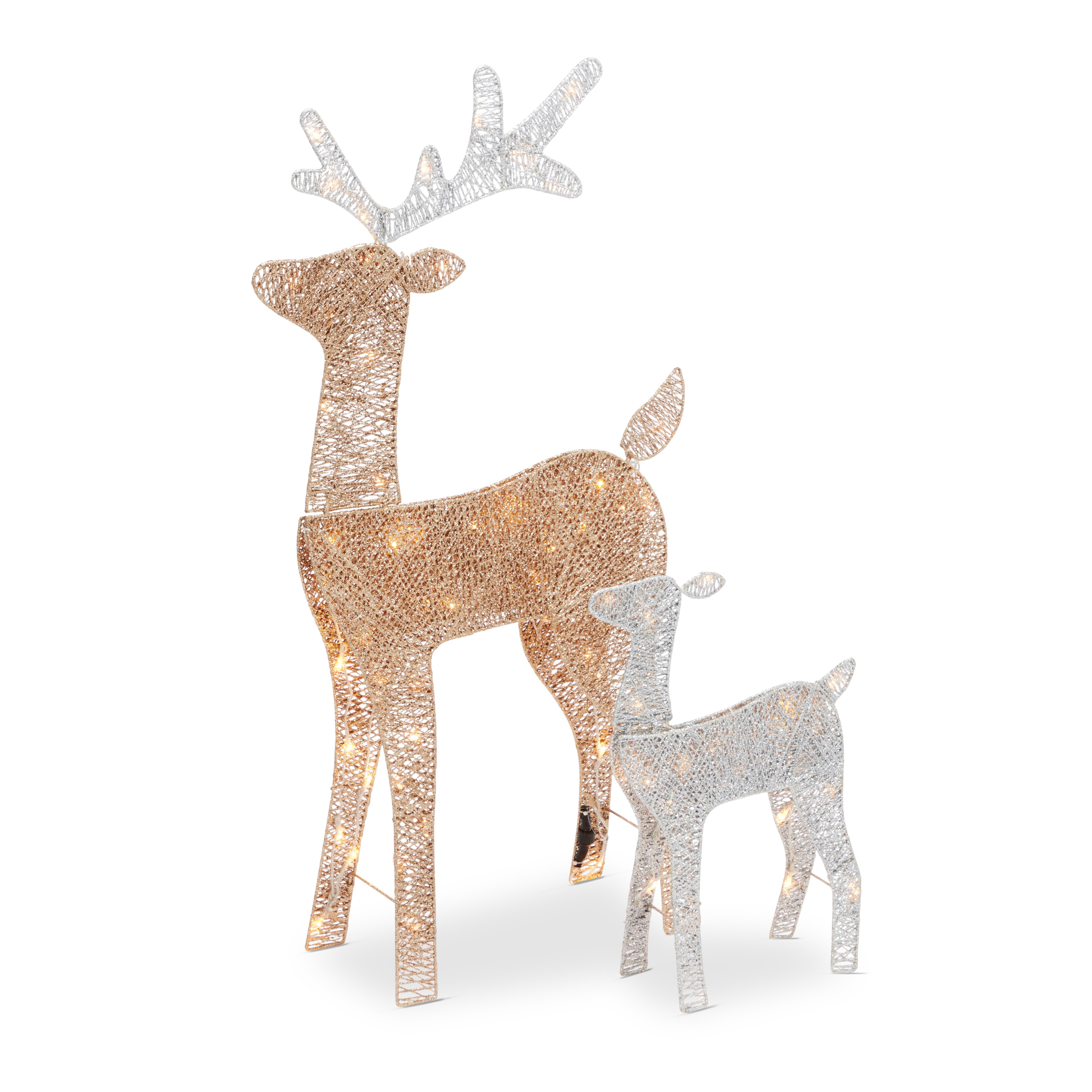 Champagne & silver effect Glitter effect Reindeer Adult & Baby LED Electrical christmas decoration Set of 2