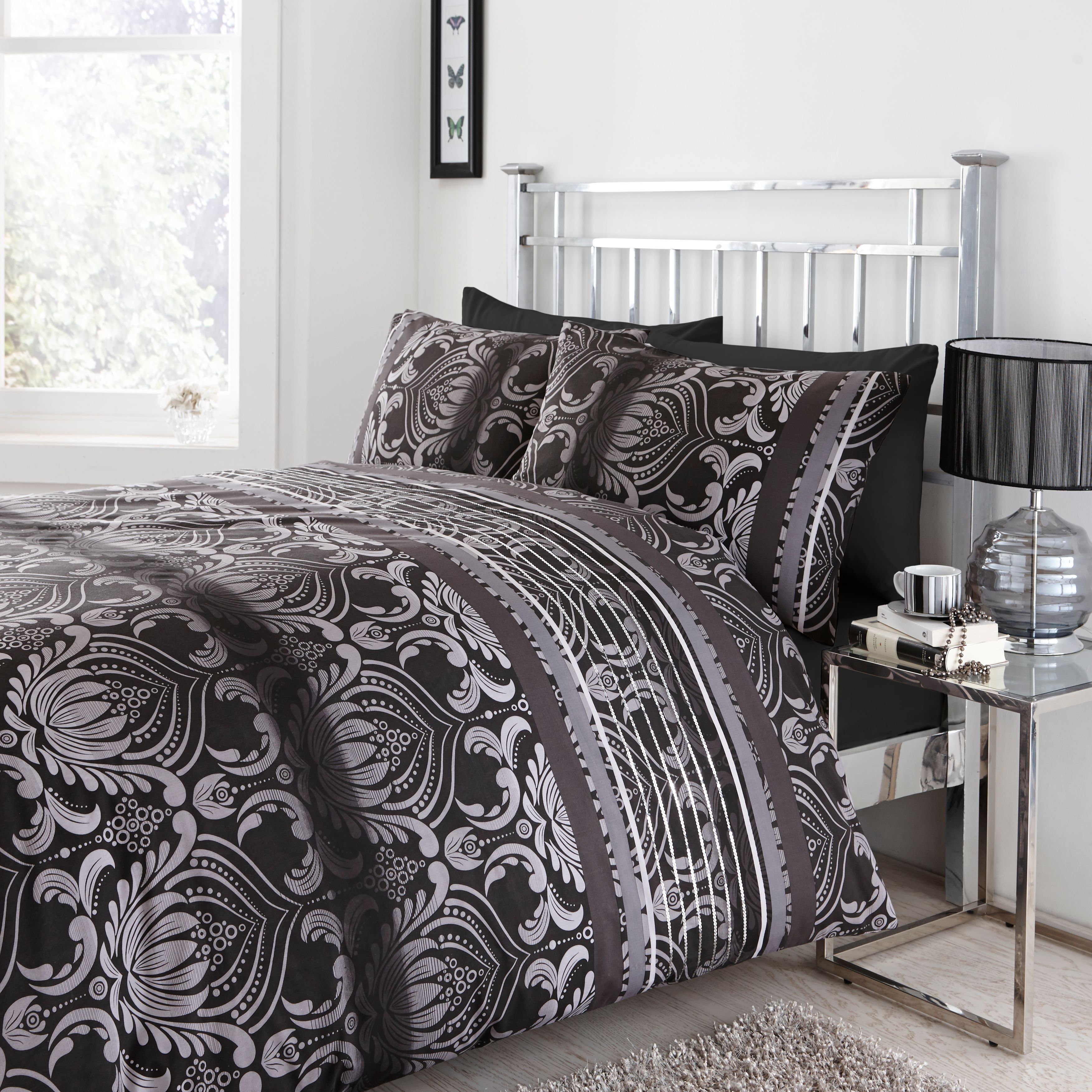 Chartwell Dramatic Damask Black Double Bed cover set DIY at B&Q