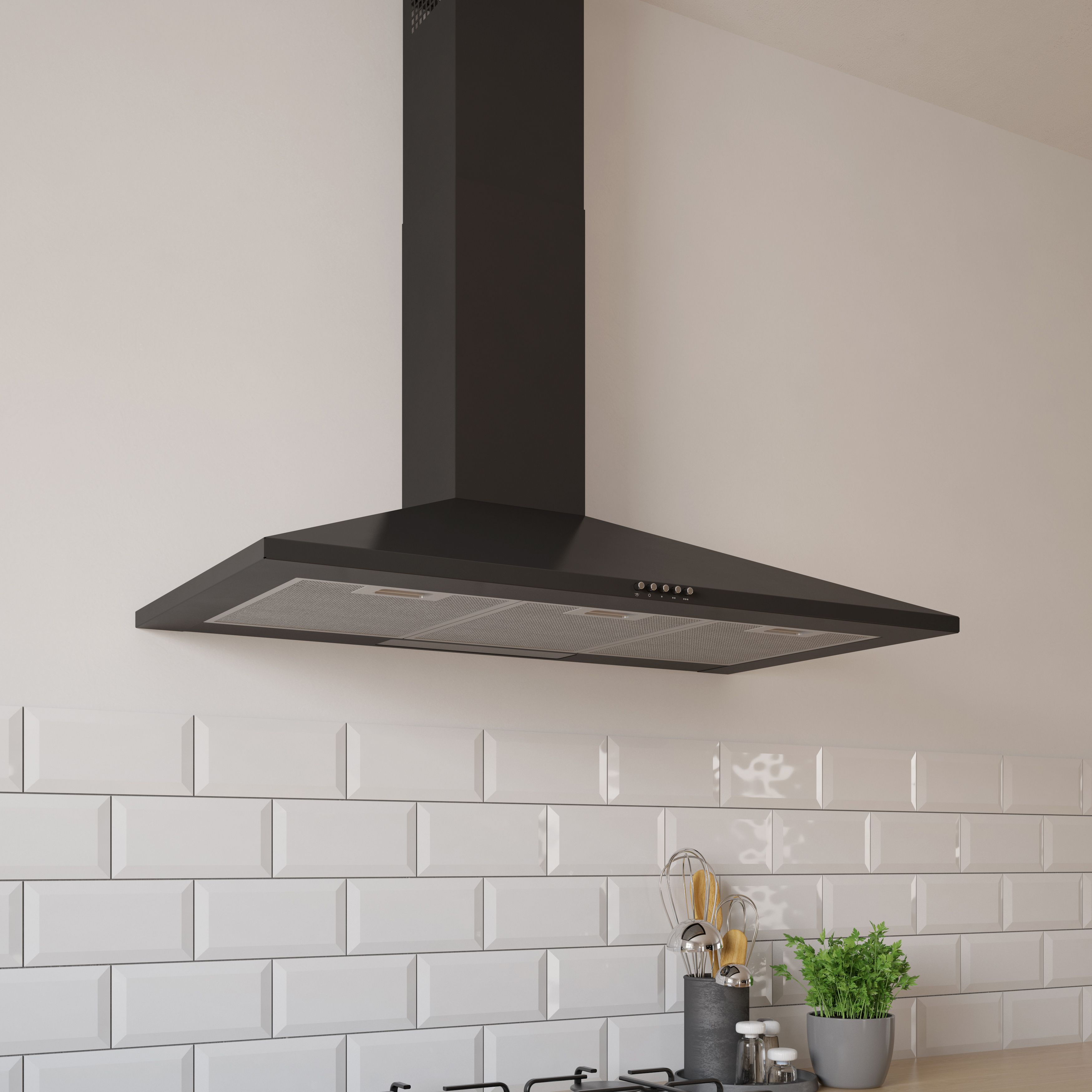 CHB90 Black Steel Chimney Cooker hood, (W)90cm