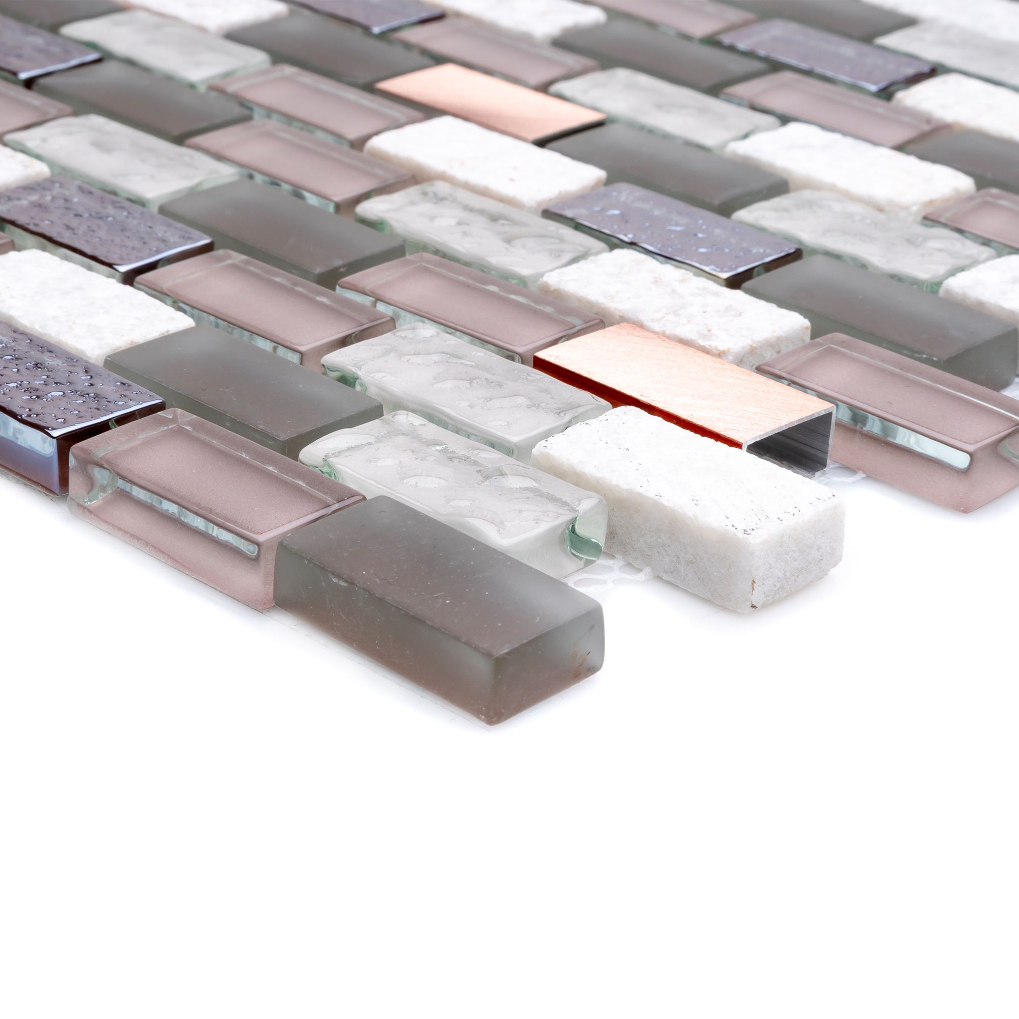 Chelsea Grey Gloss & matt Copper effect Brick Glass & stone Mosaic tile - 3