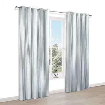 Christina Blue & White Stripe Lined Eyelet Curtains (W)117cm (L)137cm ...