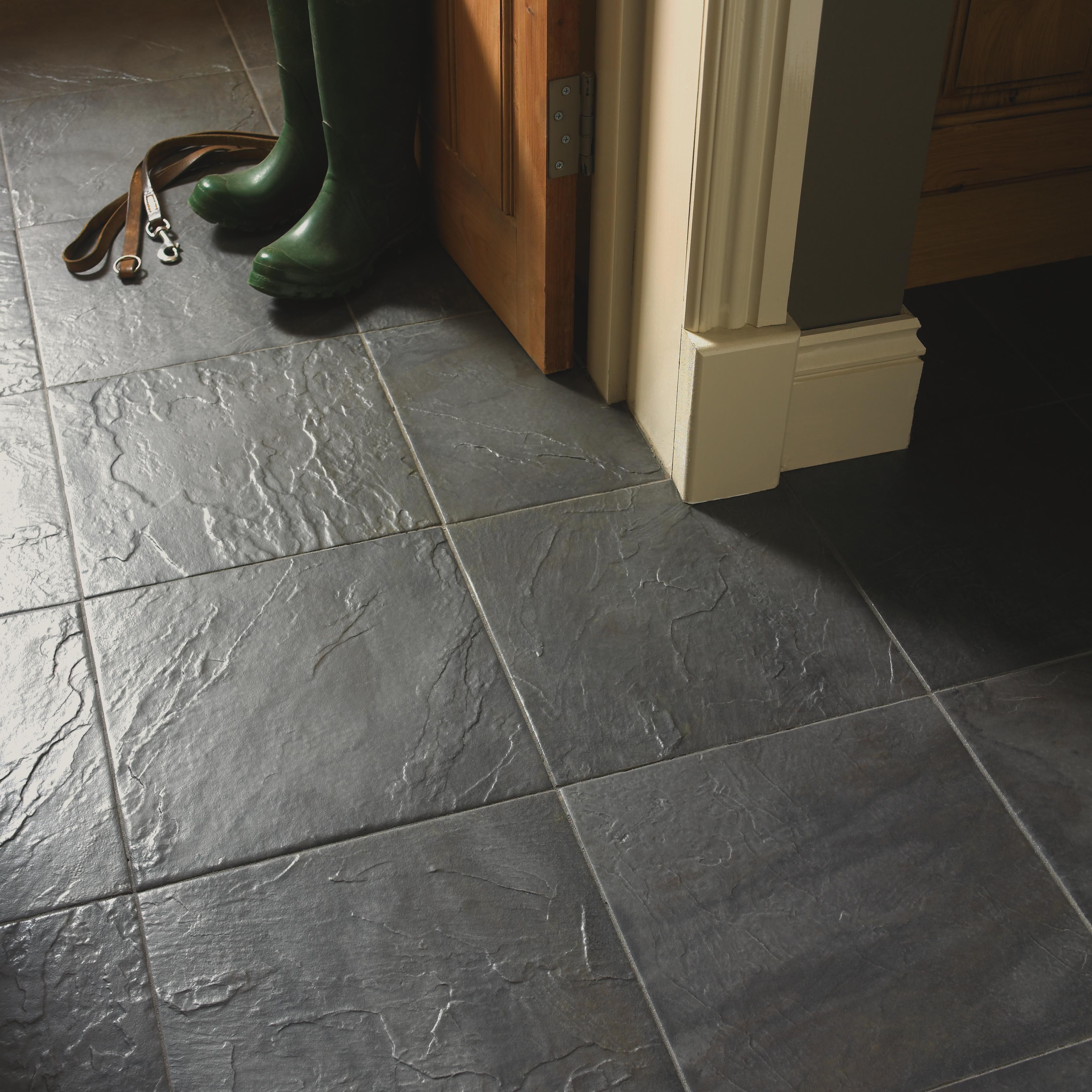 Cirque Black Matt Stone effect Textured Ceramic Indoor Floor Tile, Pack of 9, (L)333mm (W)333mm