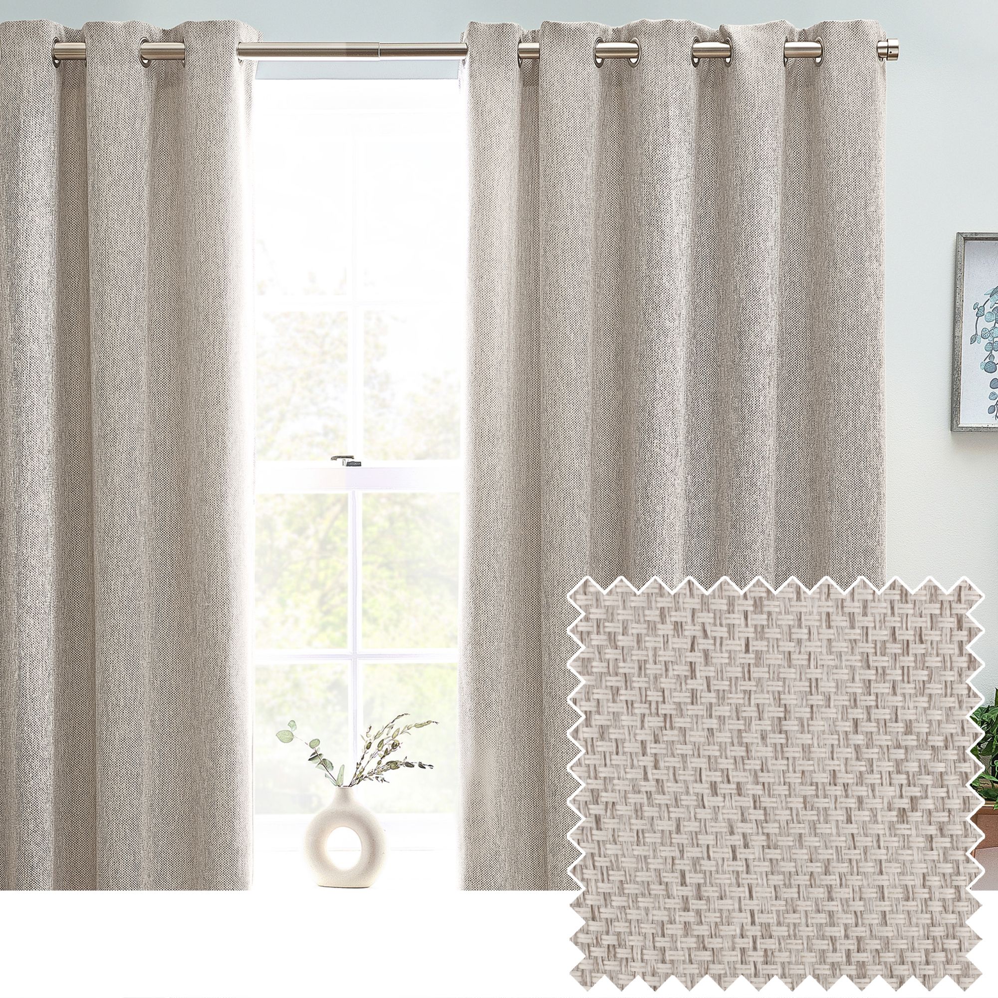 Clara Natural Woven Lined Eyelet Curtains (W)228cm (L)228cm, Pair