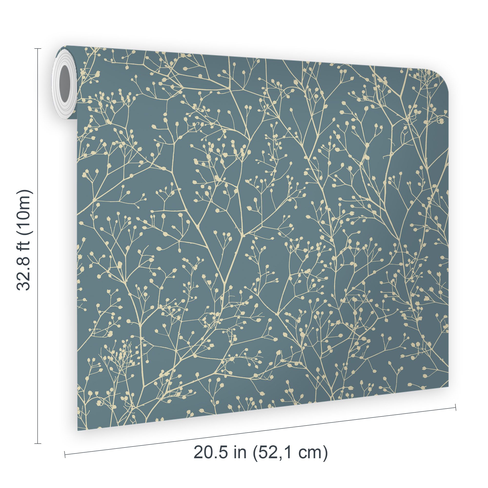 Clarissa Hulse Gypsophila Airforce Blue & Gold effect Smooth Wallpaper