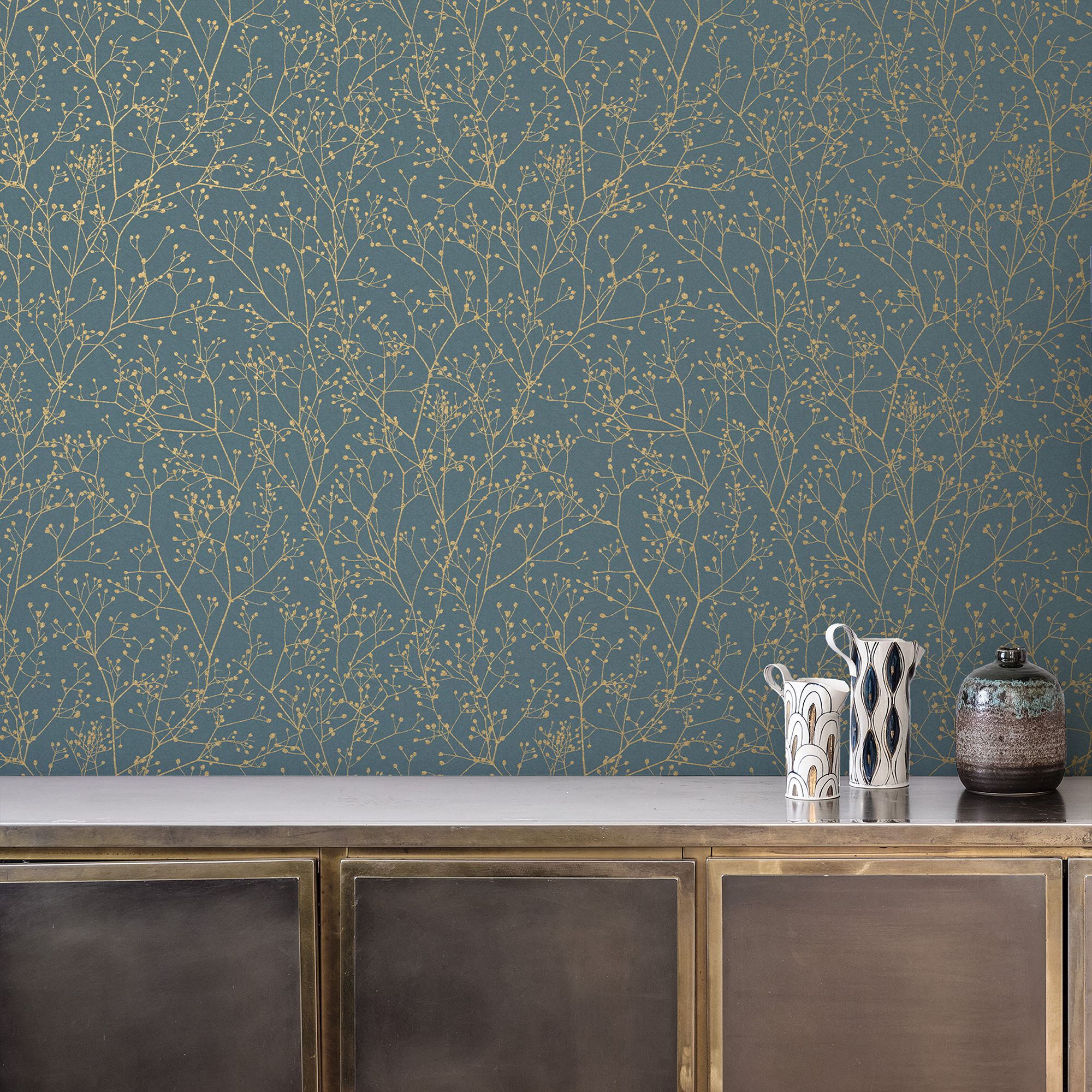 Clarissa Hulse Gypsophila Airforce Blue & Gold effect Smooth Wallpaper